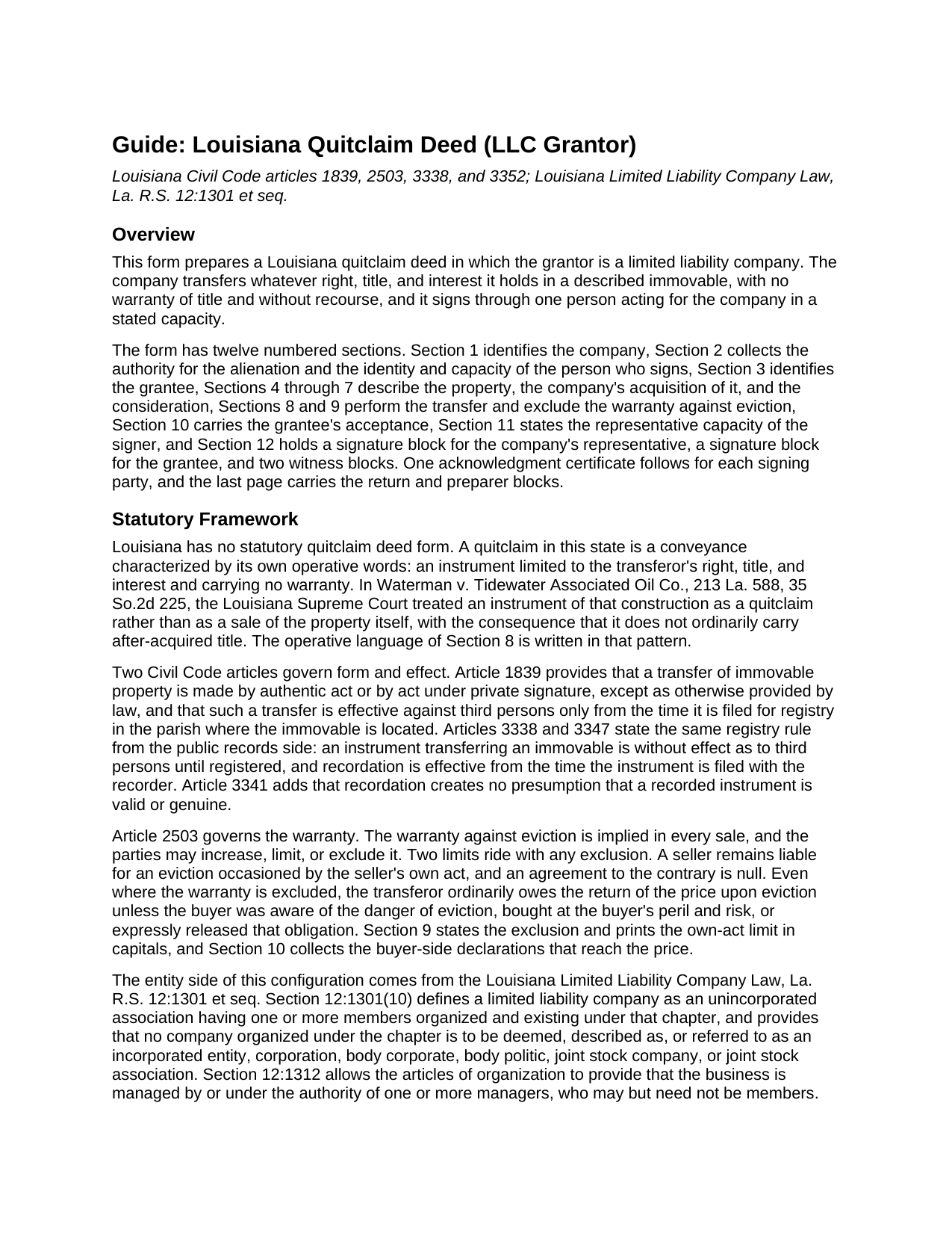 Winn Parish Quitclaim Deed (LLC Grantor) Guide