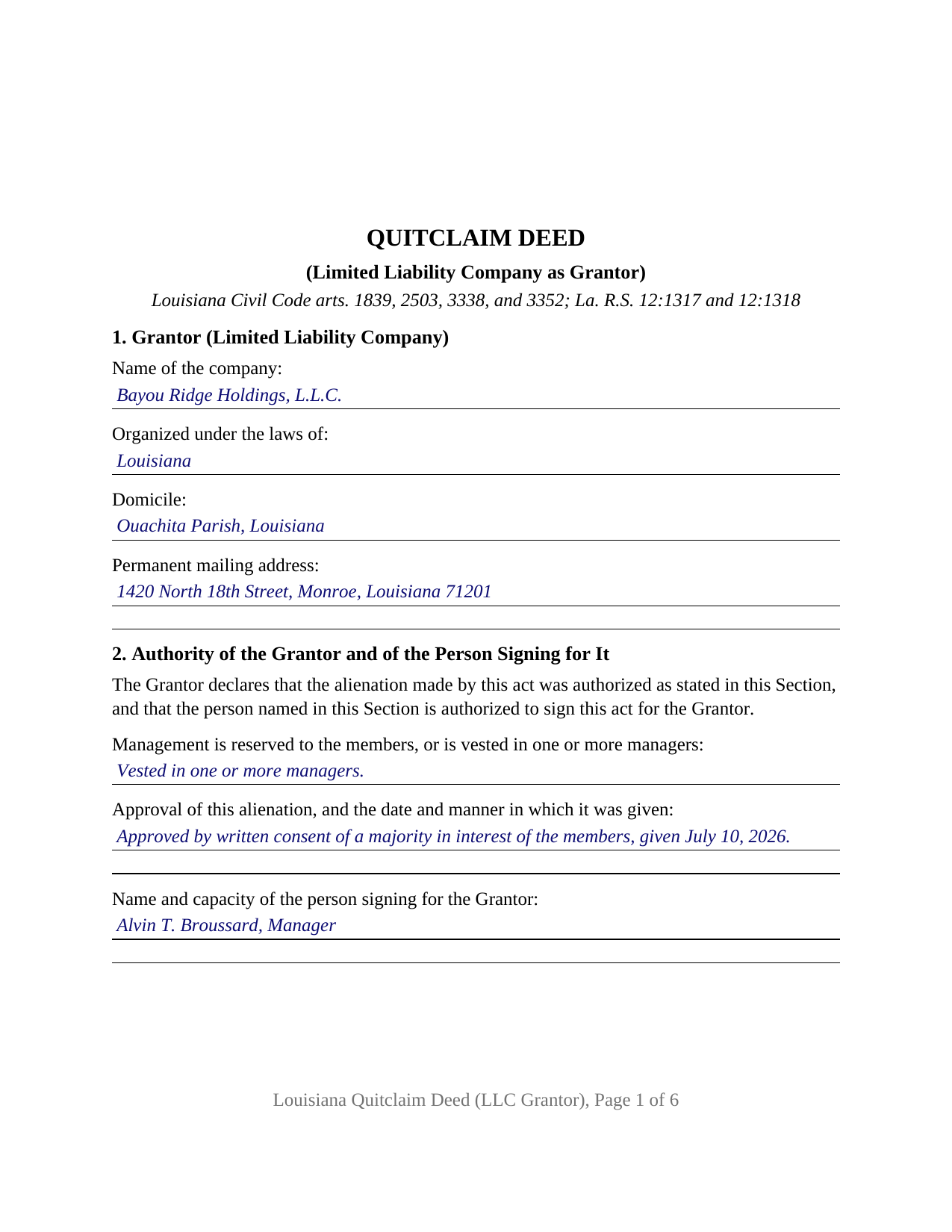 Winn Parish Completed Example of the Quitclaim Deed (LLC Grantor) Document