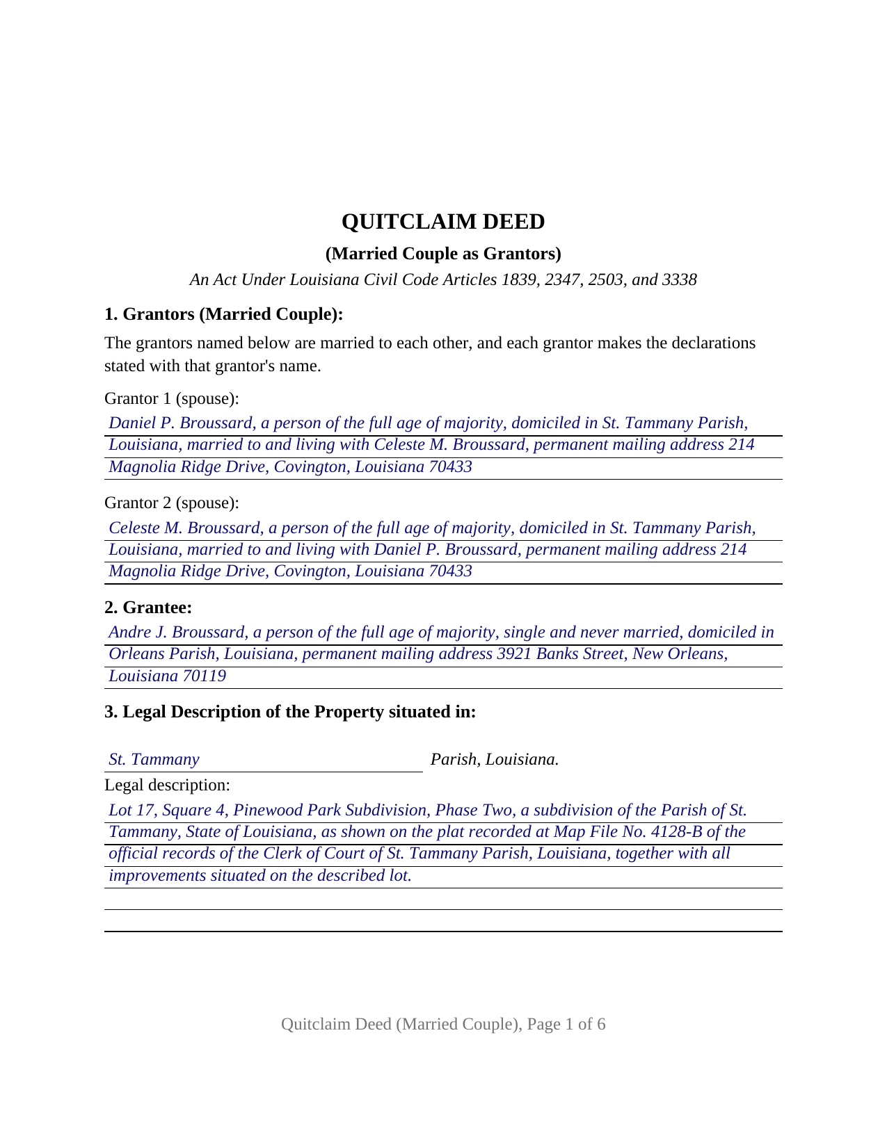 Saint Landry Parish Completed Example of the Quitclaim Deed (Married Couple as Grantors) Document
