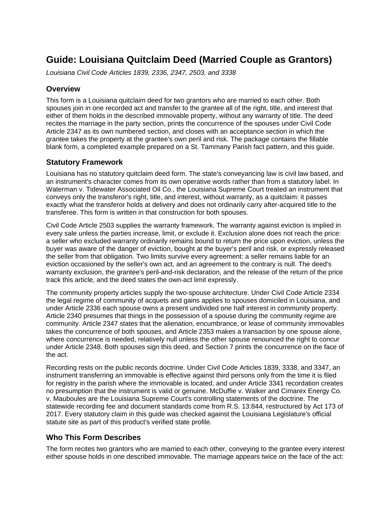 Saint Landry Parish Quitclaim Deed (Married Couple as Grantors) Guide