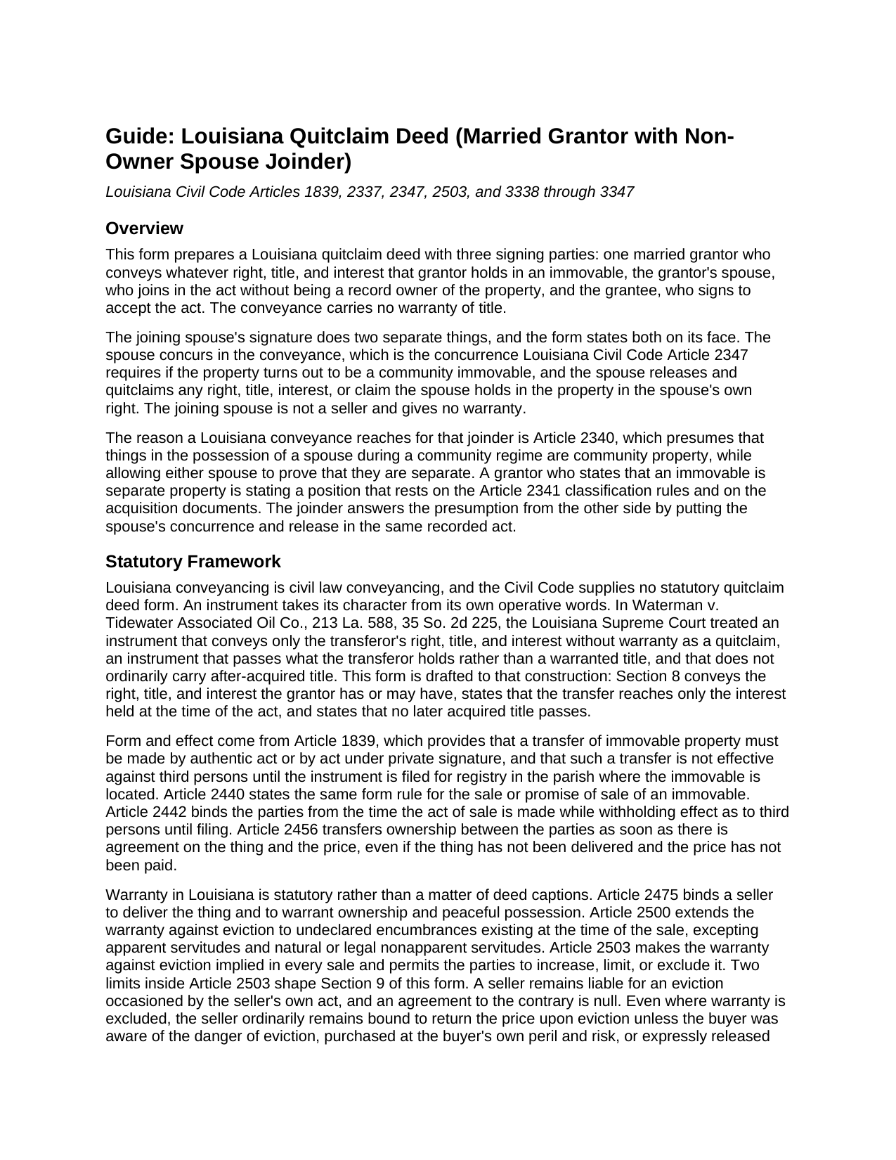 Avoyelles Parish Quitclaim Deed (Married Grantor with Non-Owner Spouse Joinder) Guide
