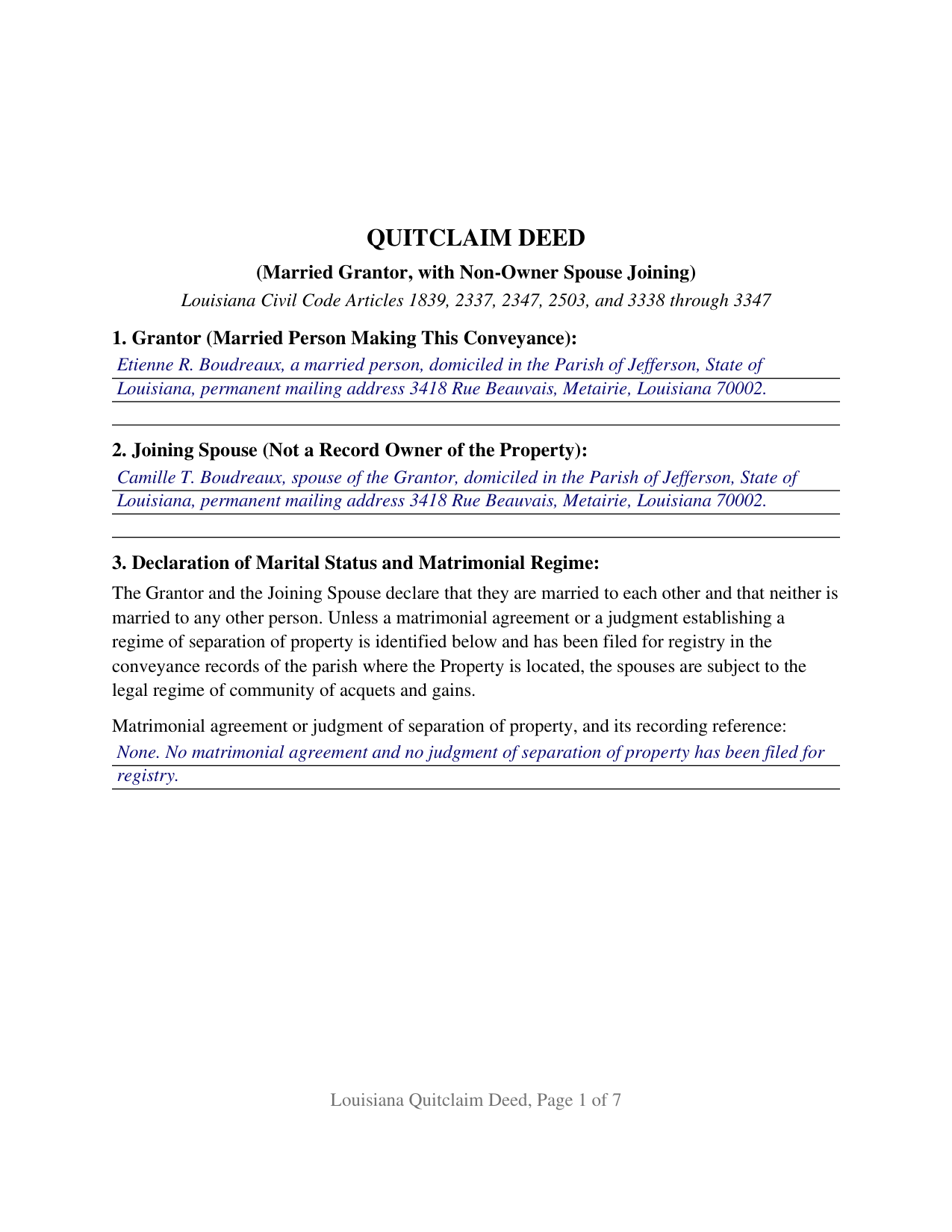 Avoyelles Parish Completed Example of the Quitclaim Deed (Married Grantor with Non-Owner Spouse Joinder) Document