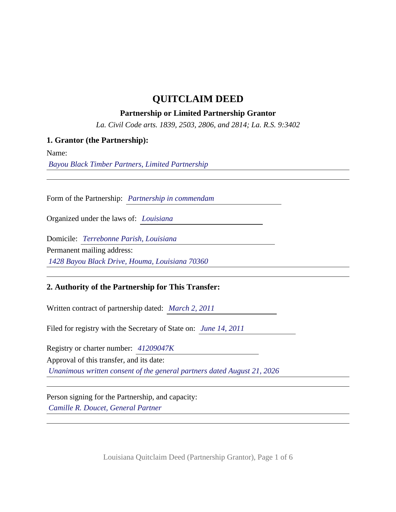 Jackson Parish Completed Example of the Quitclaim Deed (Partnership or Limited Partnership Grantor) Document