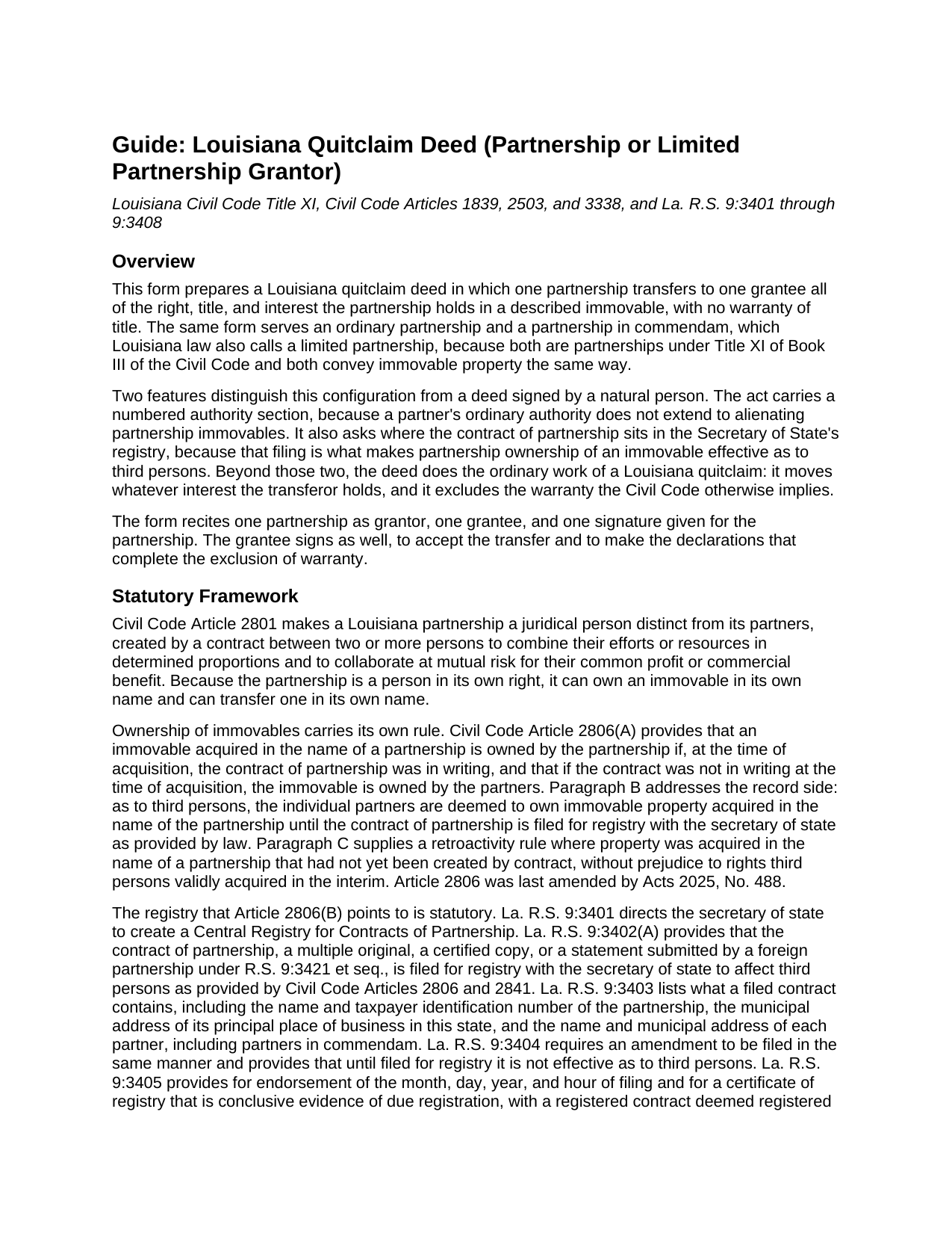 Jackson Parish Quitclaim Deed (Partnership or Limited Partnership Grantor) Guide