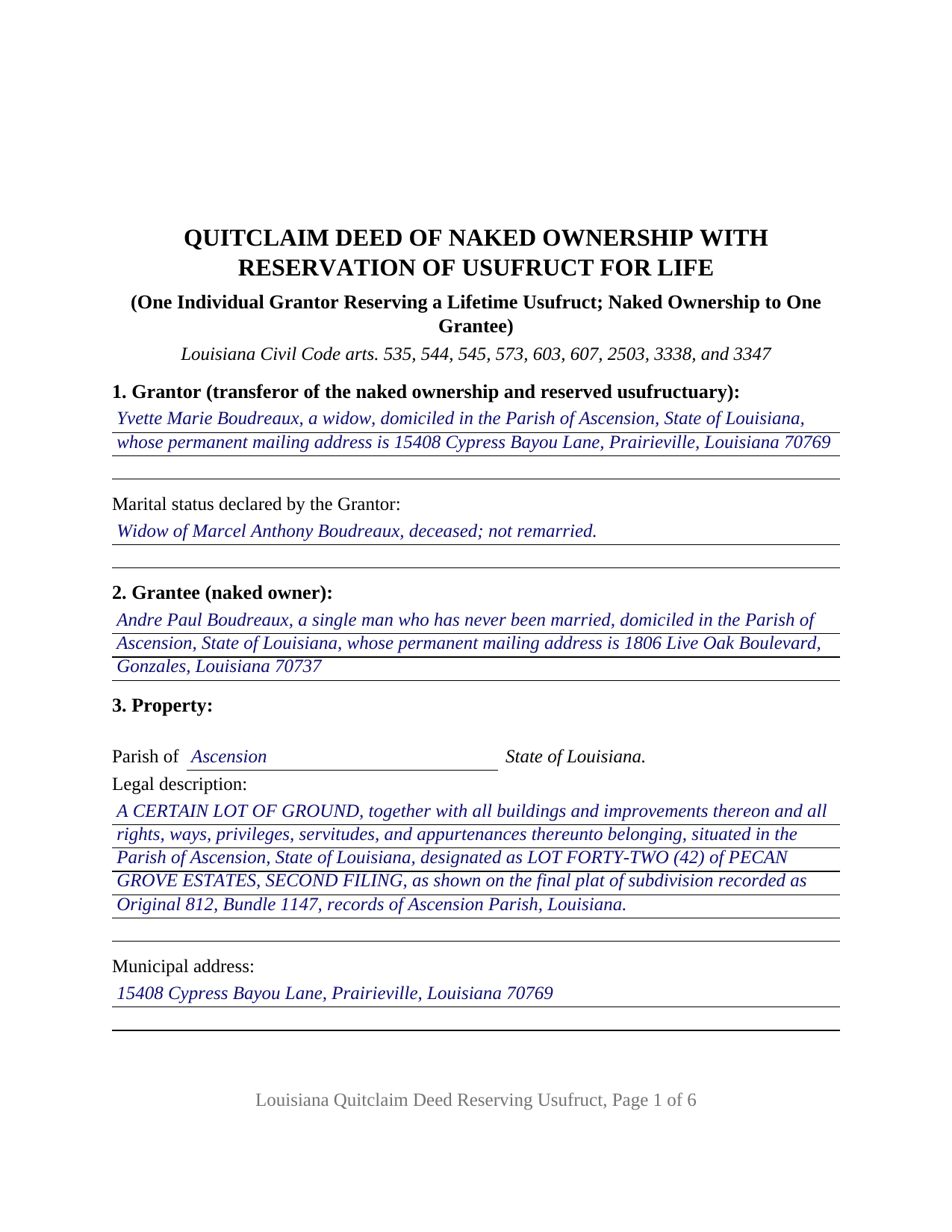 Iberville Parish Completed Example of the Quitclaim Deed (Reserving Life Estate) Document