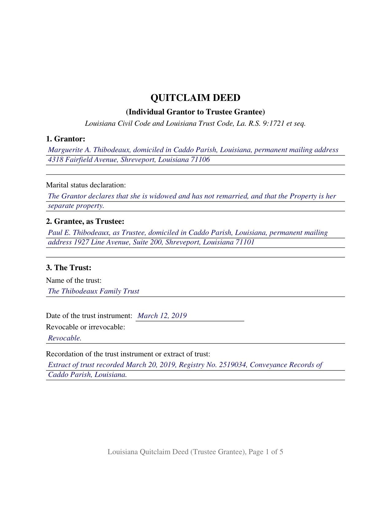 Richland Parish Completed Example of the Quitclaim Deed (Trustee Grantee) Document