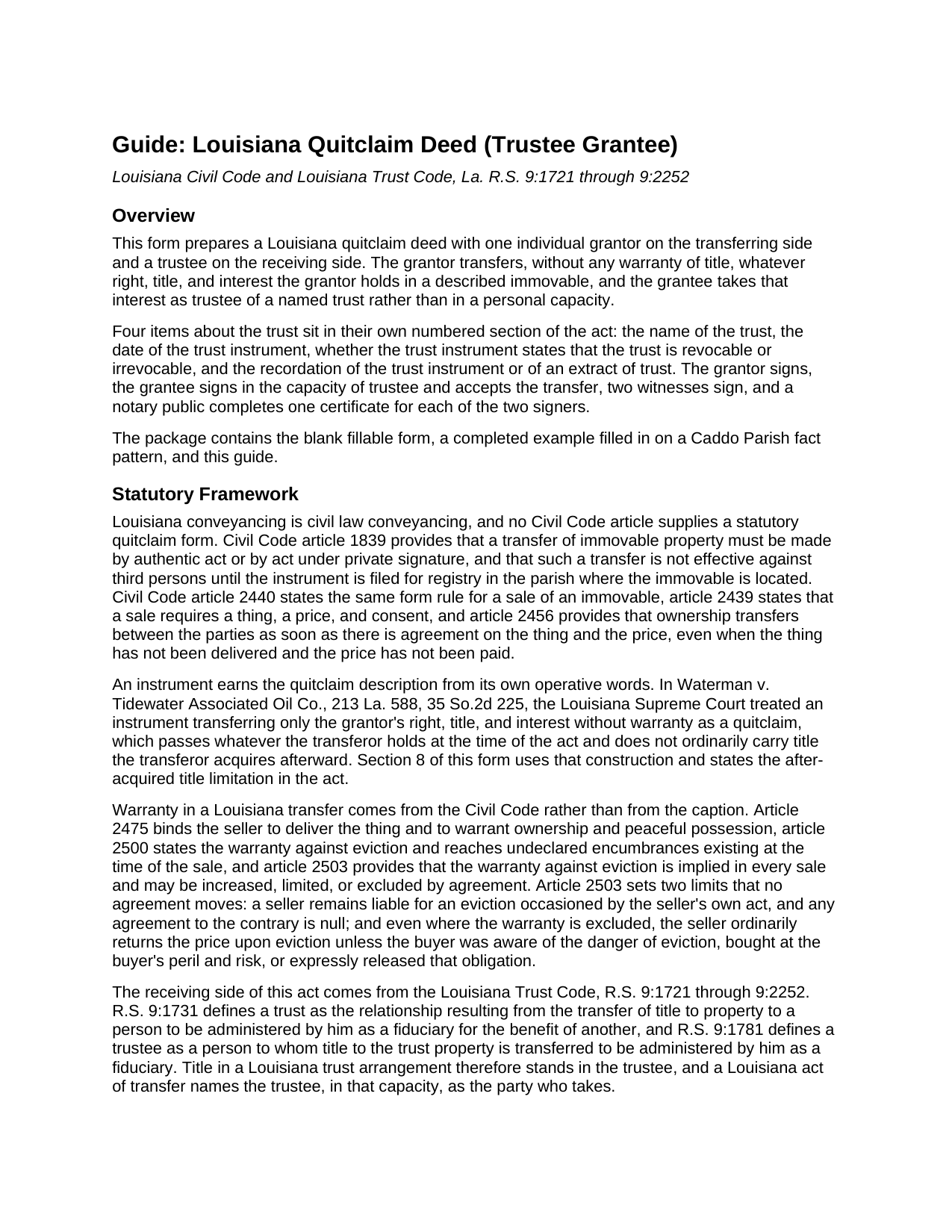 Richland Parish Quitclaim Deed (Trustee Grantee) Guide