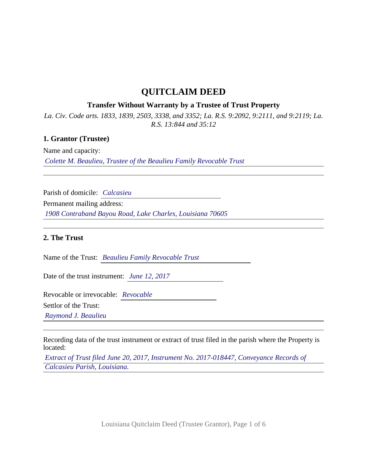 Sabine Parish Completed Example of the Quitclaim Deed (Trustee Grantor) Document
