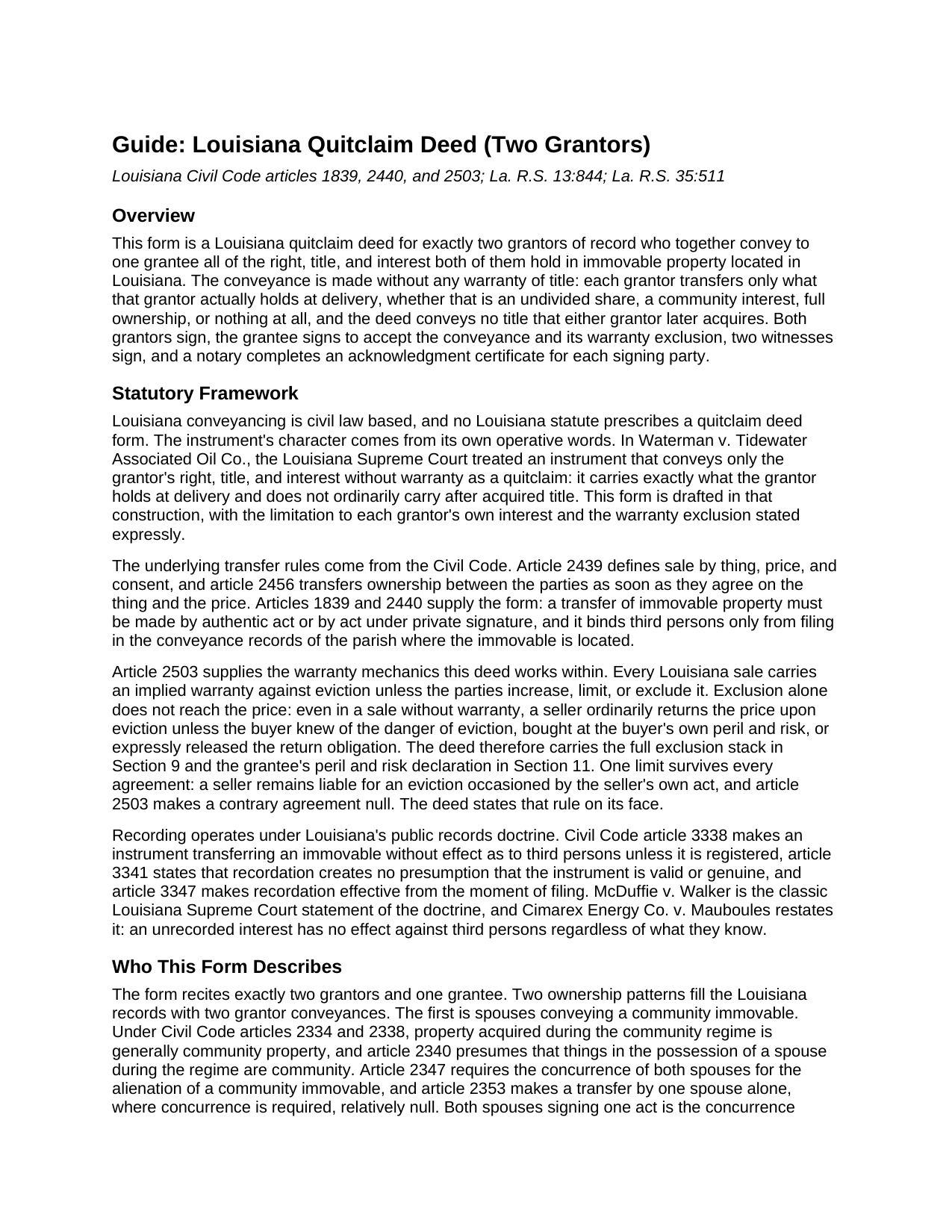 Saint Landry Parish Quitclaim Deed (Two Grantors) Guide