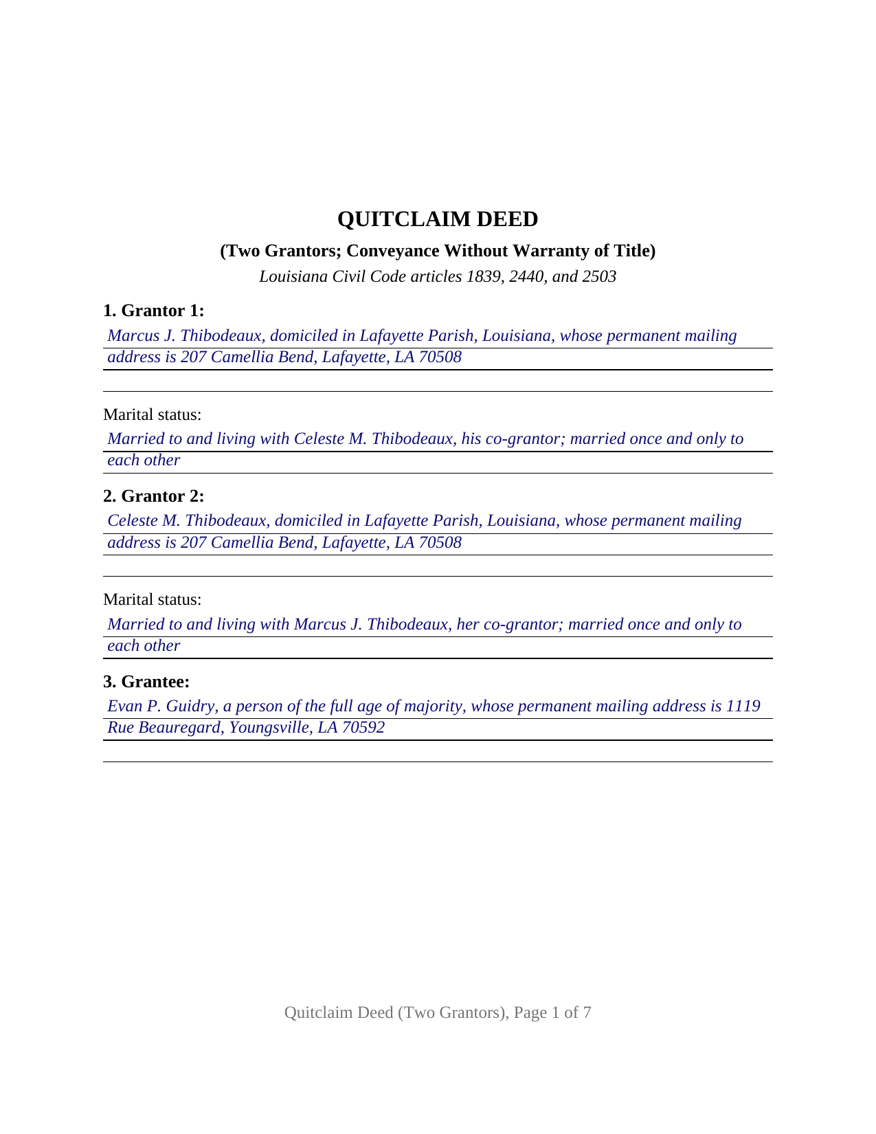 Saint Landry Parish Completed Example of the Quitclaim Deed (Two Grantors) Document