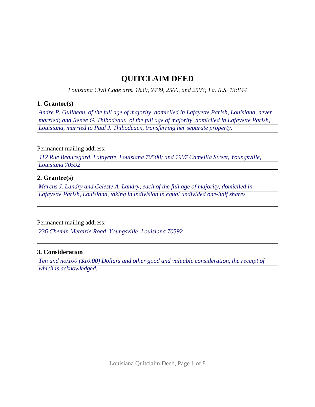 Iberia Parish Completed Example of the Quitclaim Deed Document
