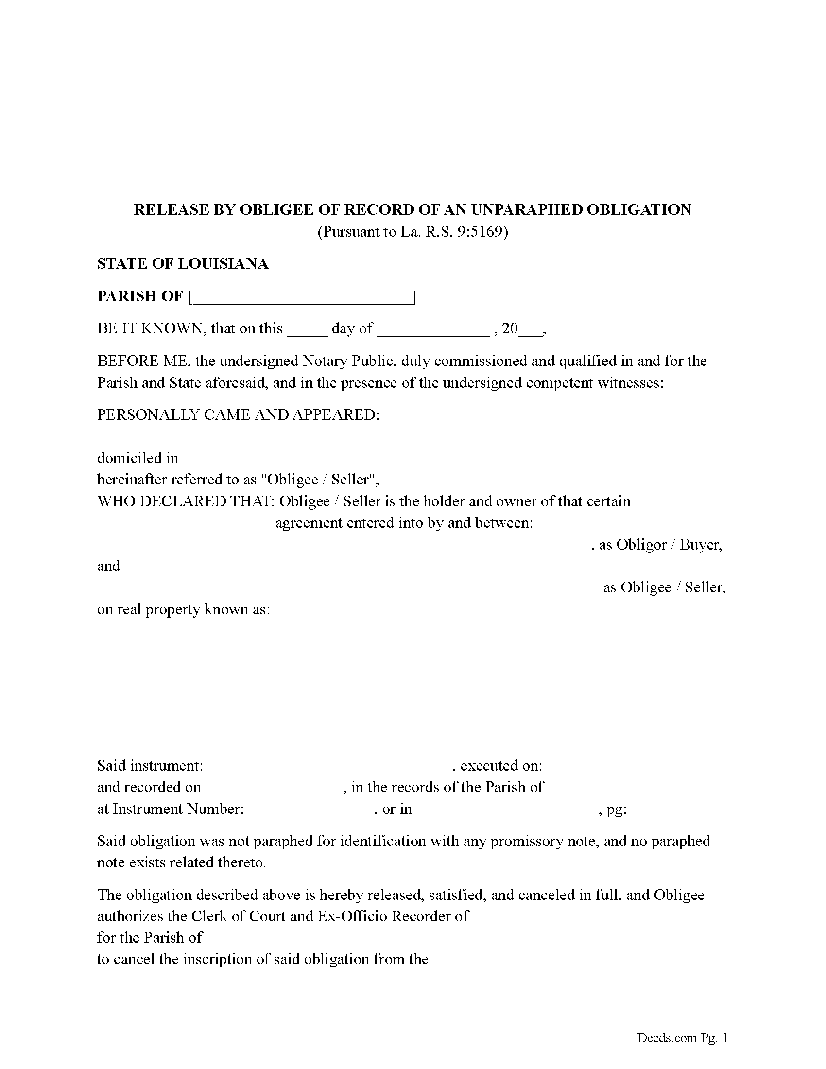 Caddo Parish Release by Obligee of Record of an Unparaphed Obligation Form