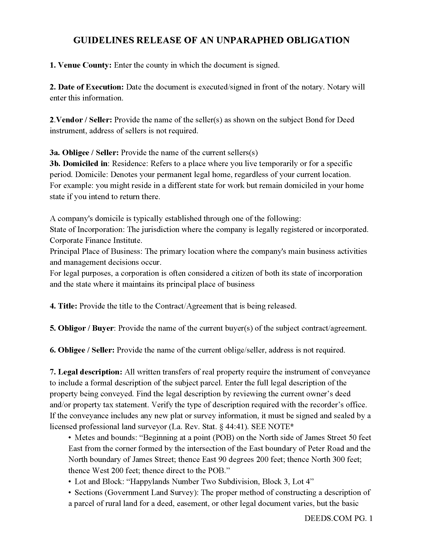 Caddo Parish Release by Obligee of Record of an Unparaphed Obligation Guide