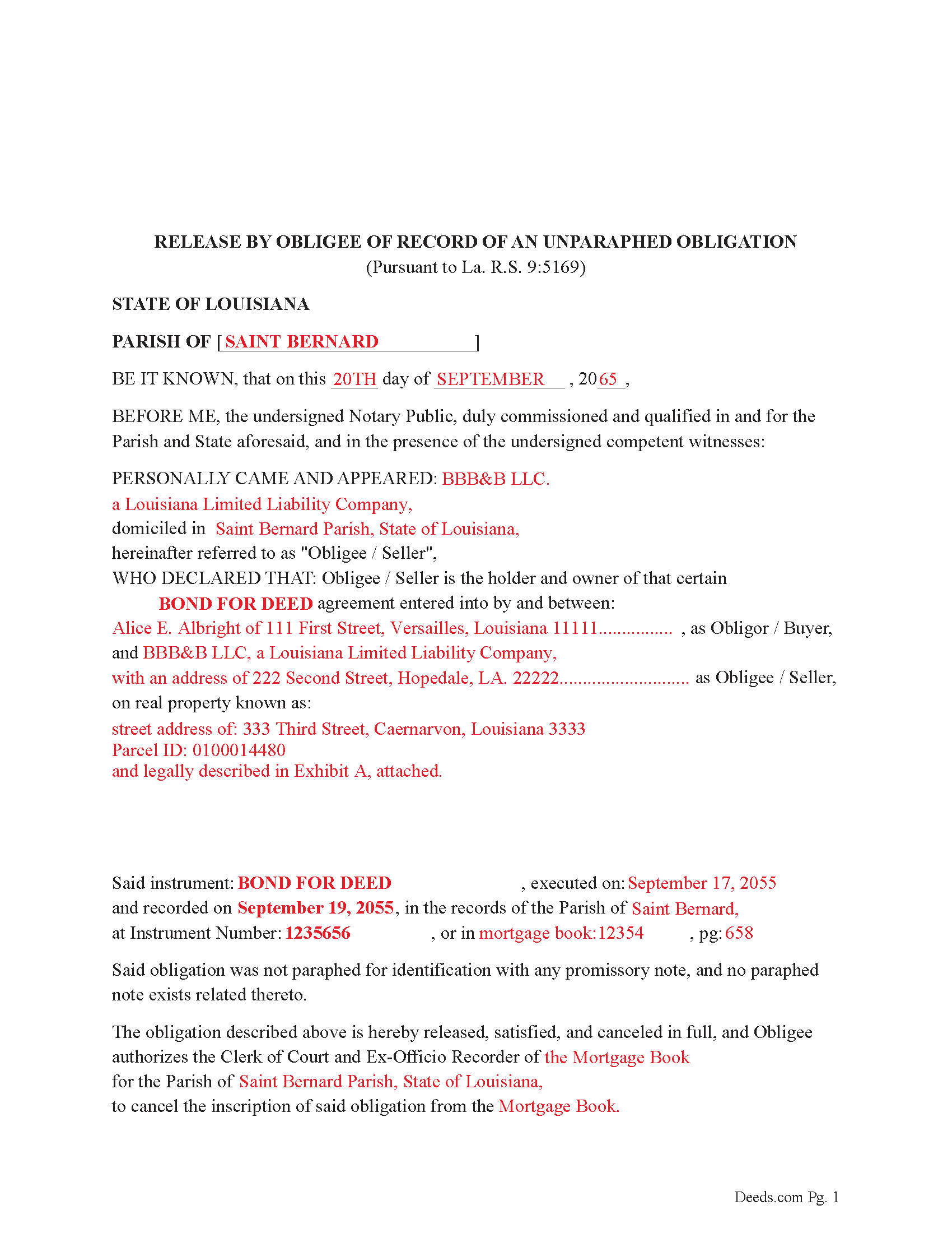 Caddo Parish Completed Example of the Release by Obligee of Record of an Unparaphed Obligation Document