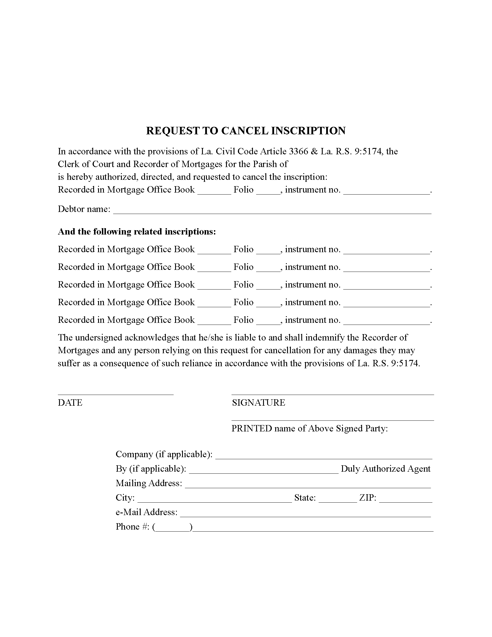 Caddo Parish Request to Cancel Inscription Form