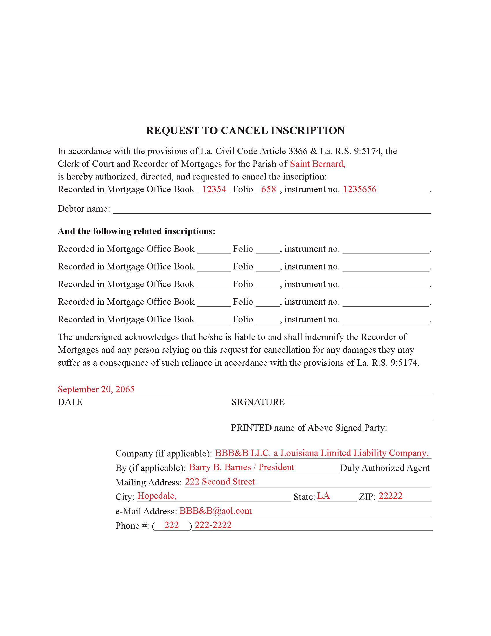 Caddo Parish Completed Example of Request to Cancel Inscription Form