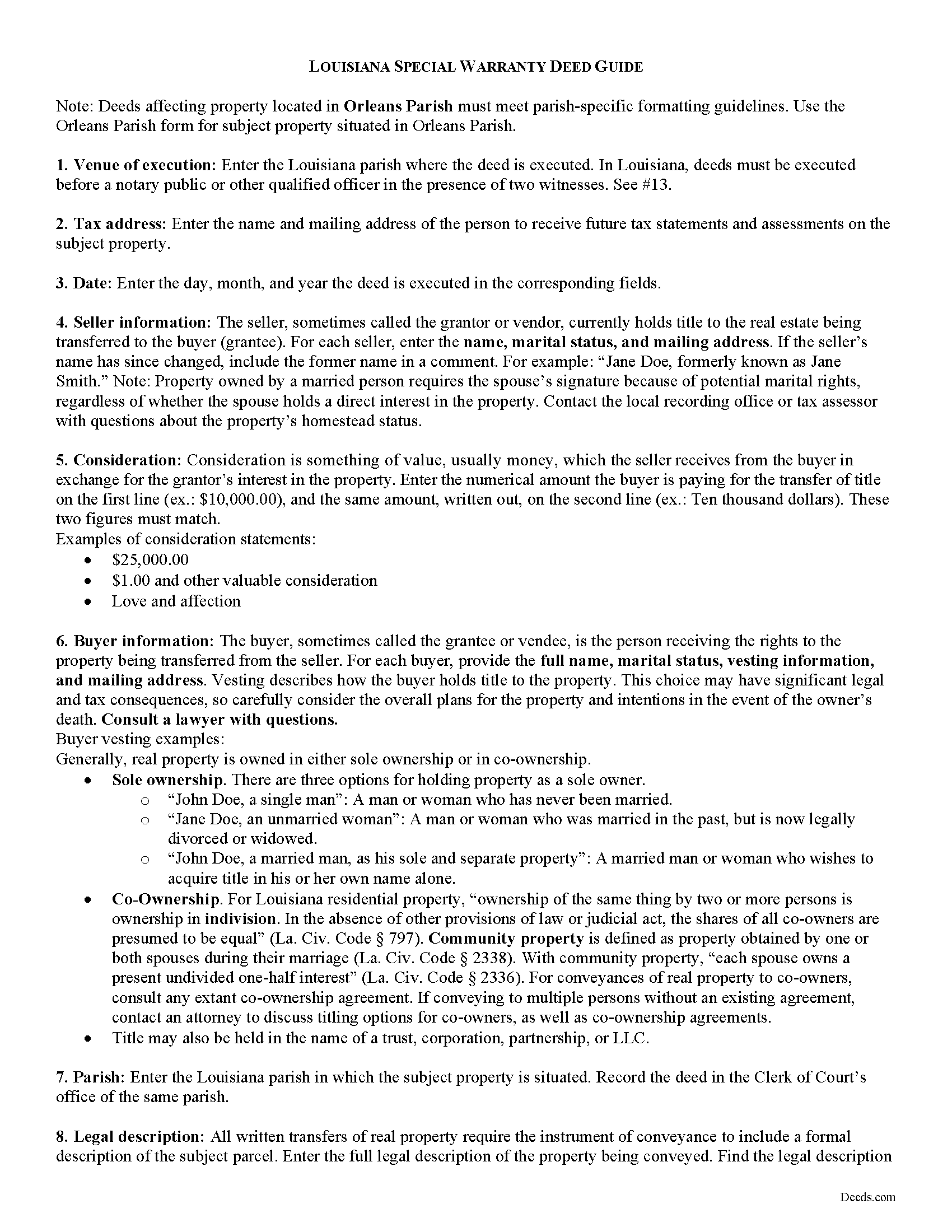 Assumption Parish Special Warranty Deed Guide