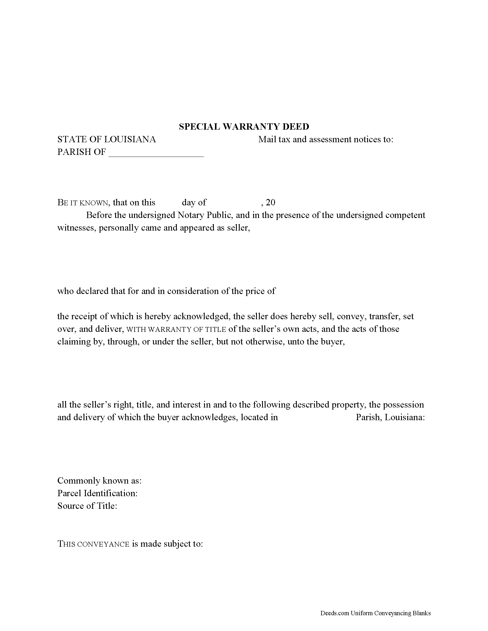 Assumption Parish Special Warranty Deed Form