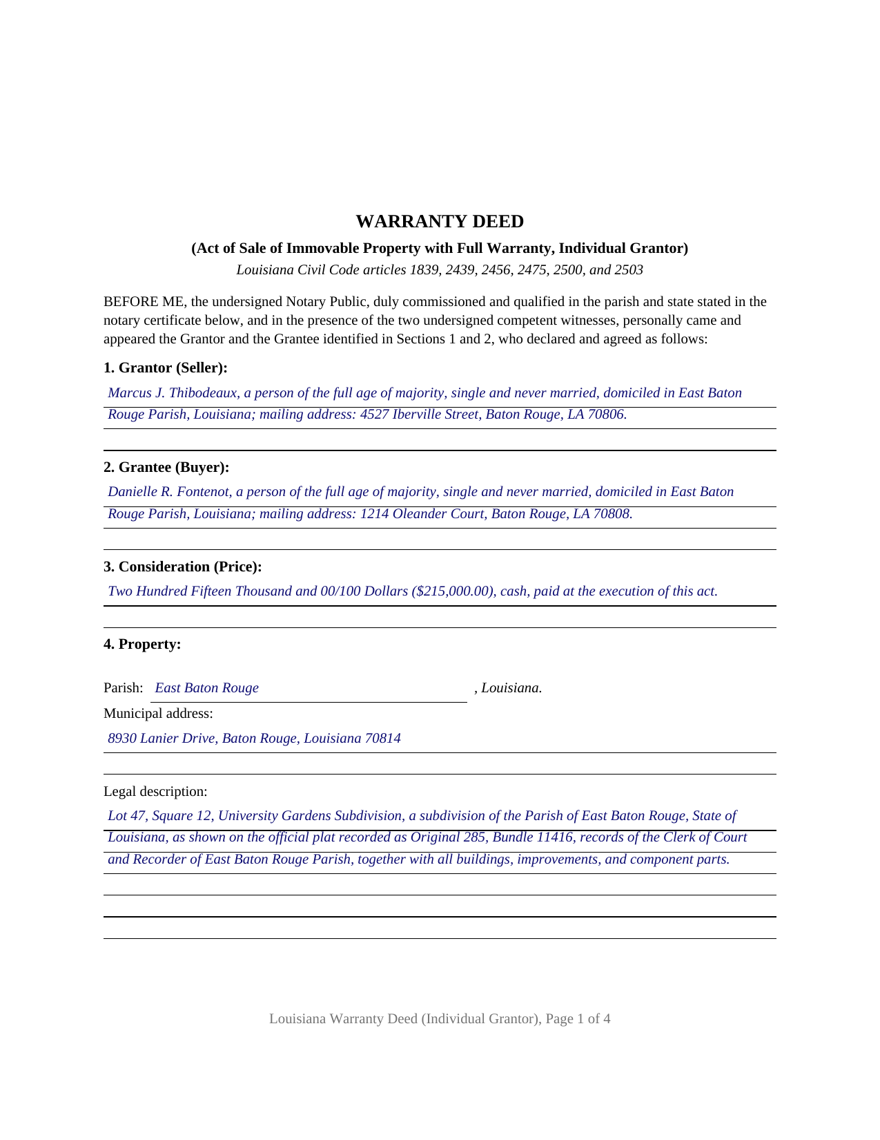 Webster Parish Completed Example of the Warranty Deed (Individual Grantor) Document