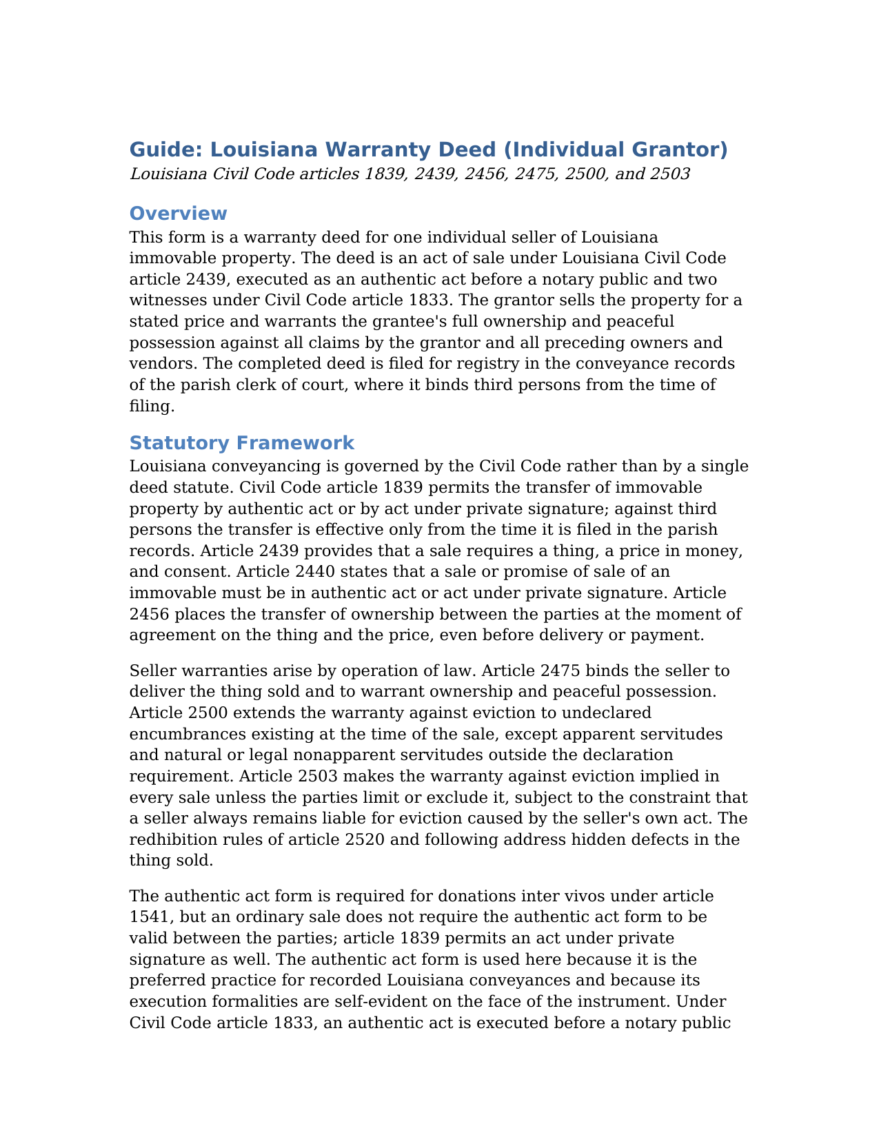 Webster Parish Warranty Deed (Individual Grantor) Guide