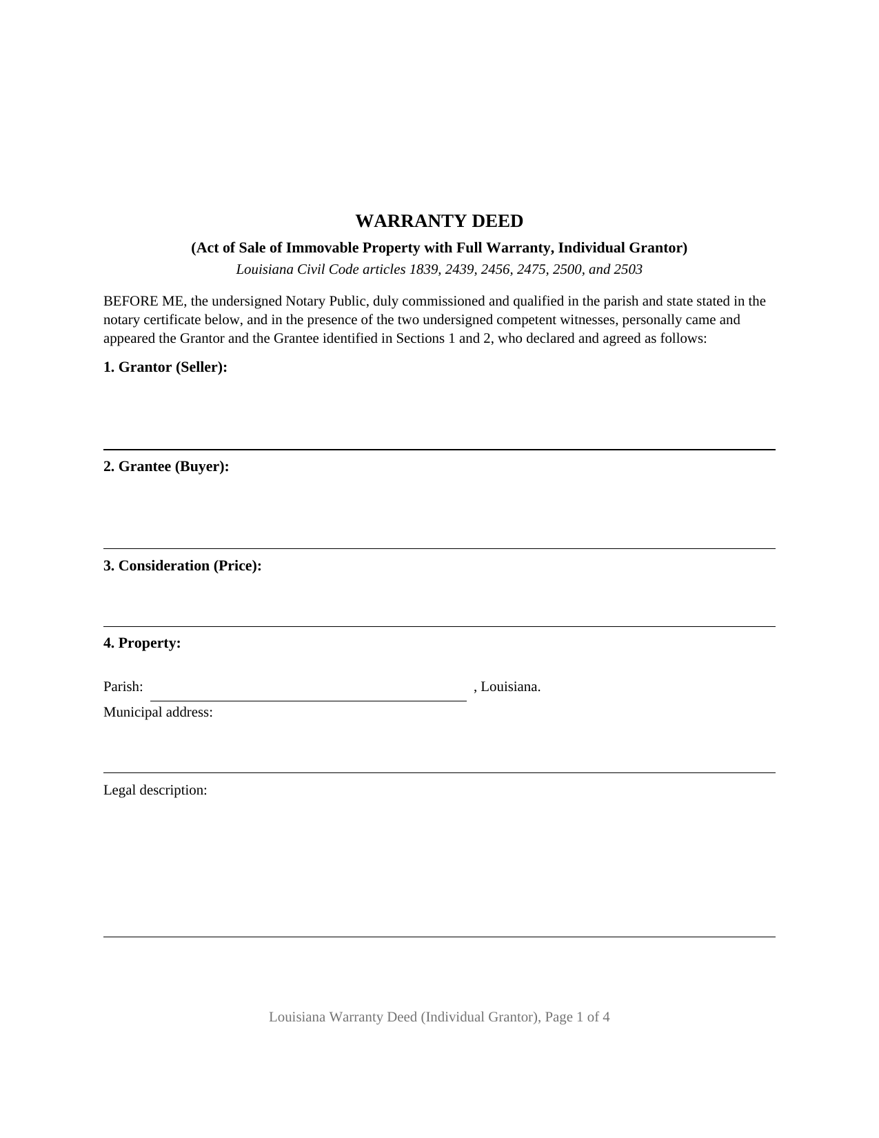 Webster Parish Warranty Deed (Individual Grantor) Form