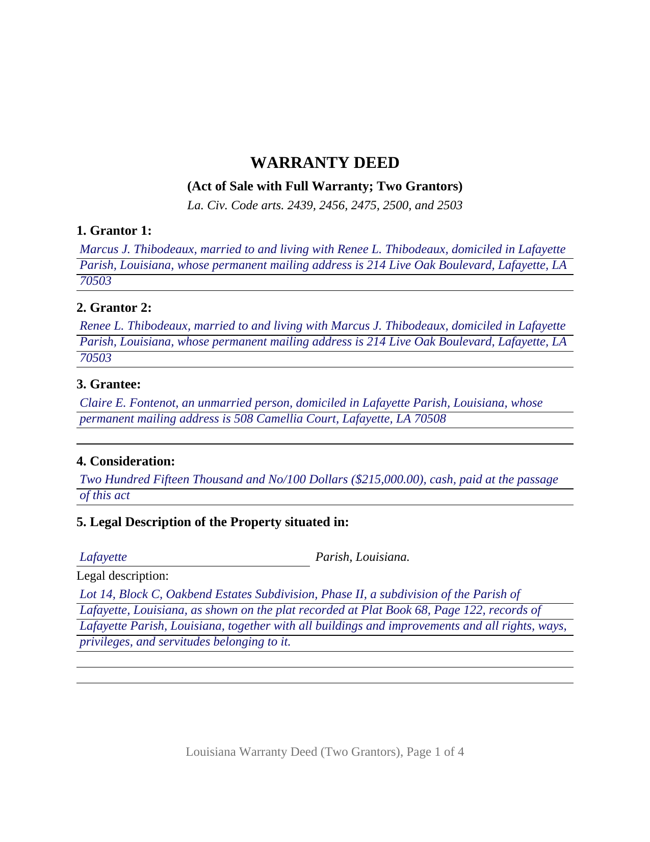 Jefferson Parish Completed Example of the Warranty Deed (Two Grantors) Document