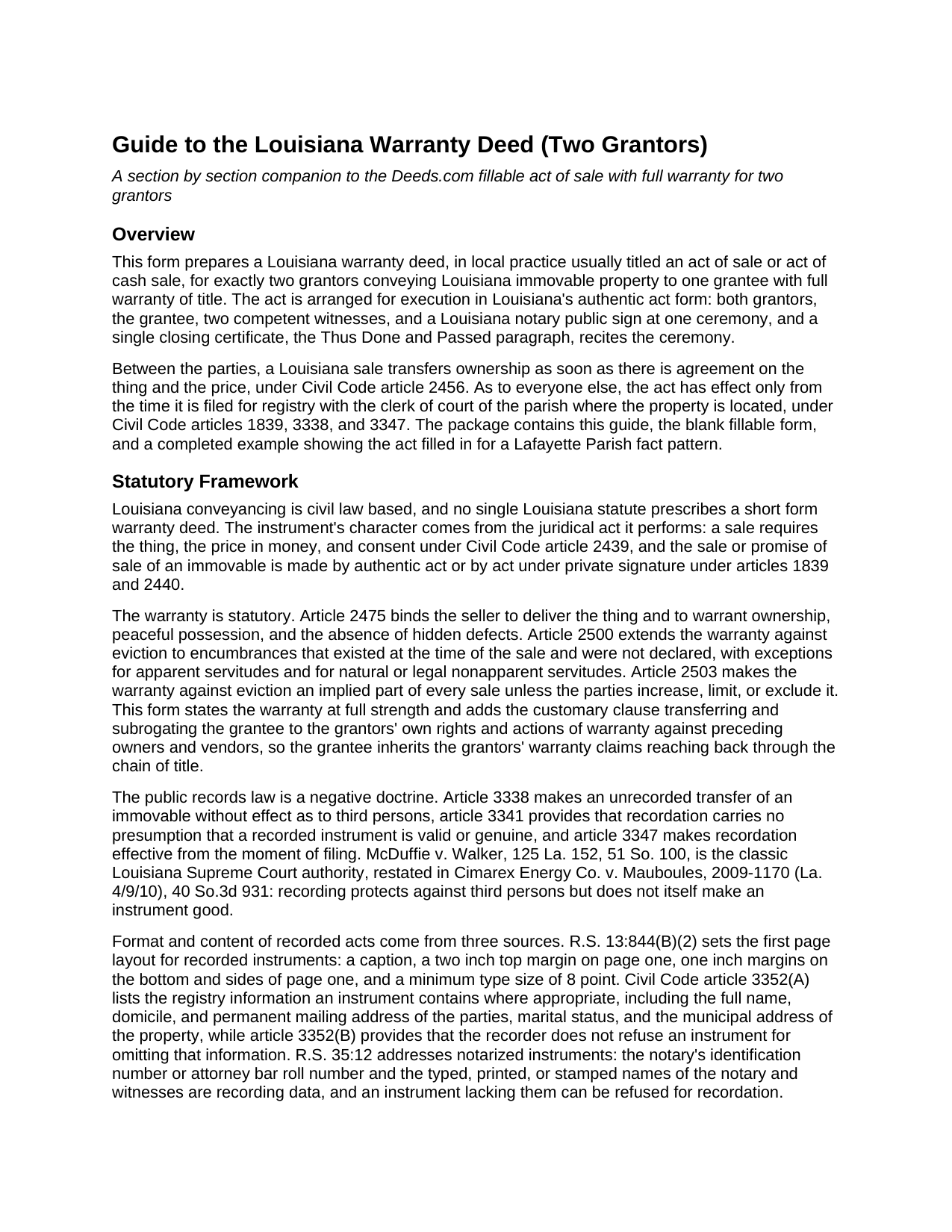 Jefferson Parish Warranty Deed (Two Grantors) Guide