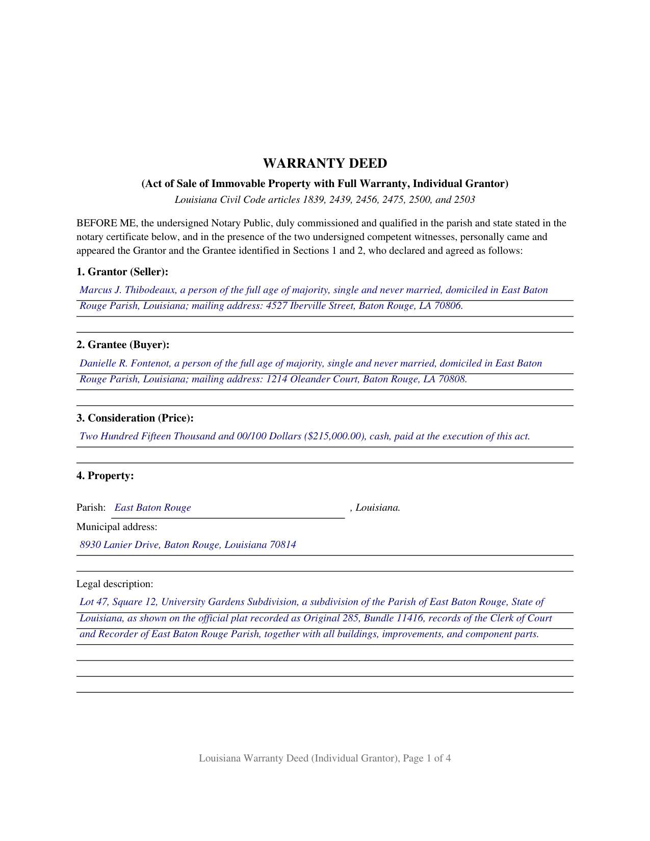 West Carroll Parish Completed Example of the Warranty Deed Document