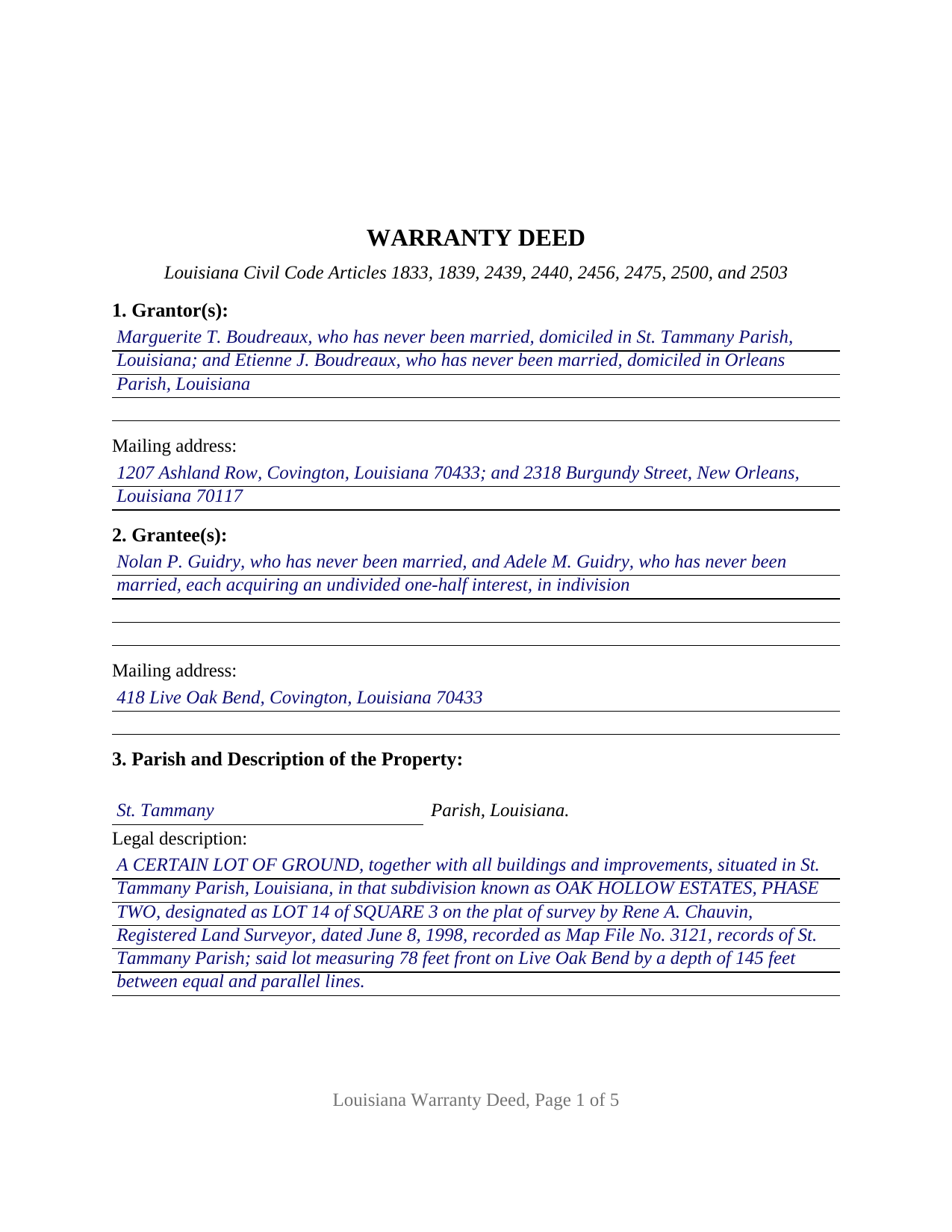 Webster Parish Completed Example of the Warranty Deed Document