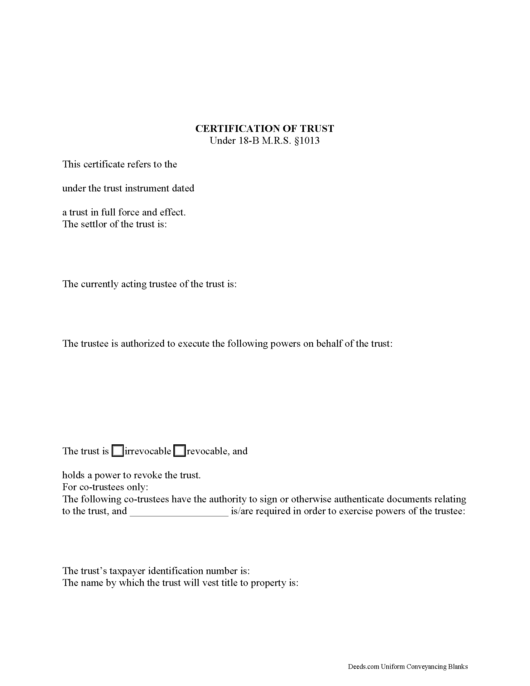 Certificate of Trust Form