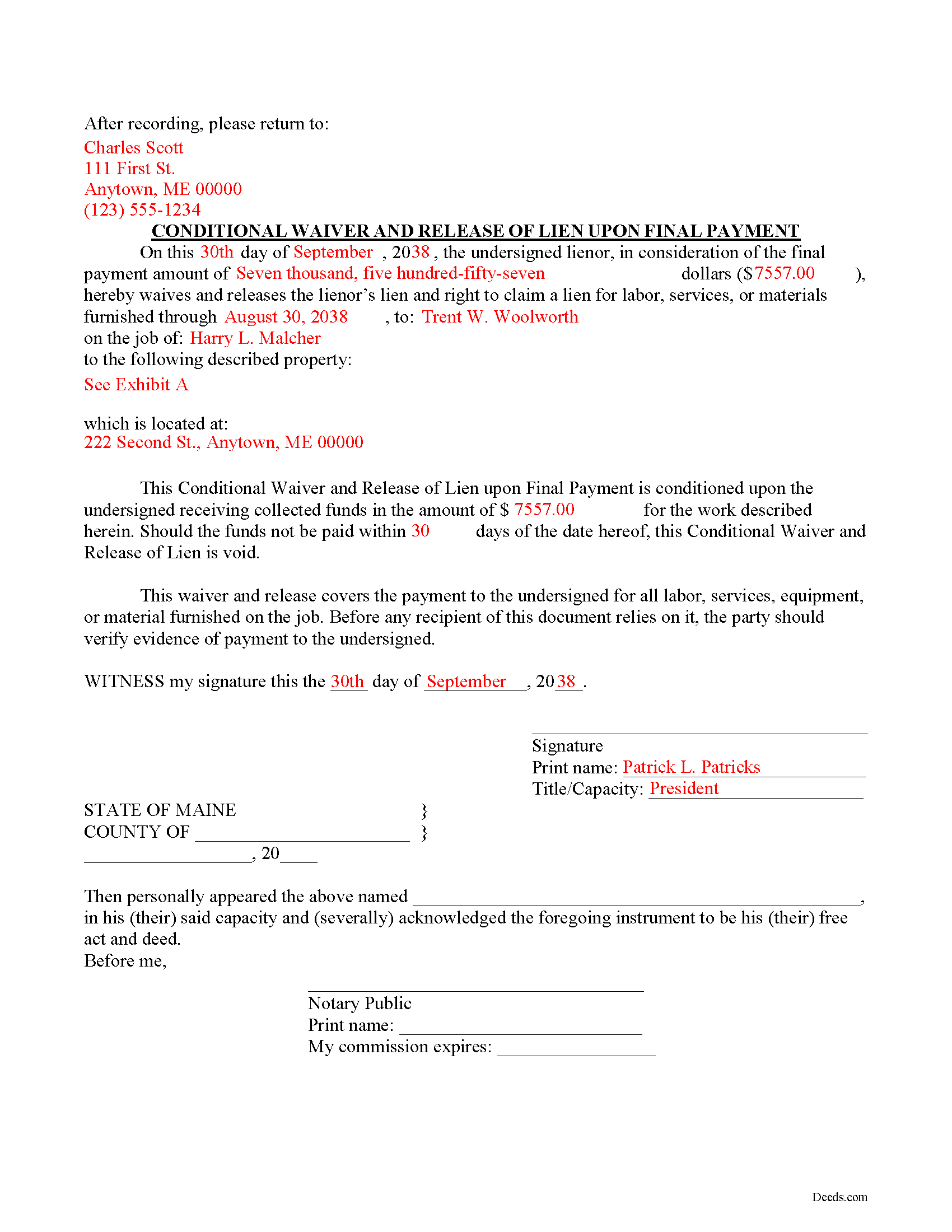 Completed Example of the Conditional Lien Waiver on Final Payment Document