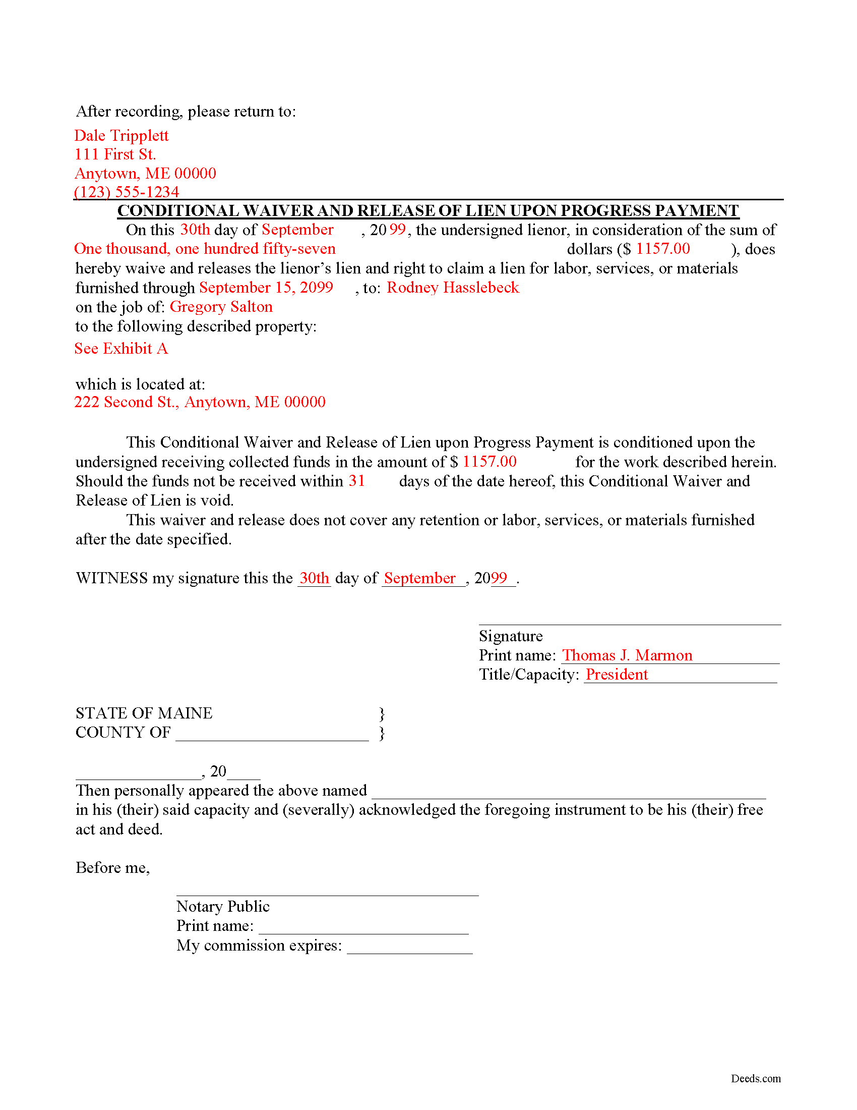 Completed Example of the Conditional Lien Waiver on Progess Payment Document