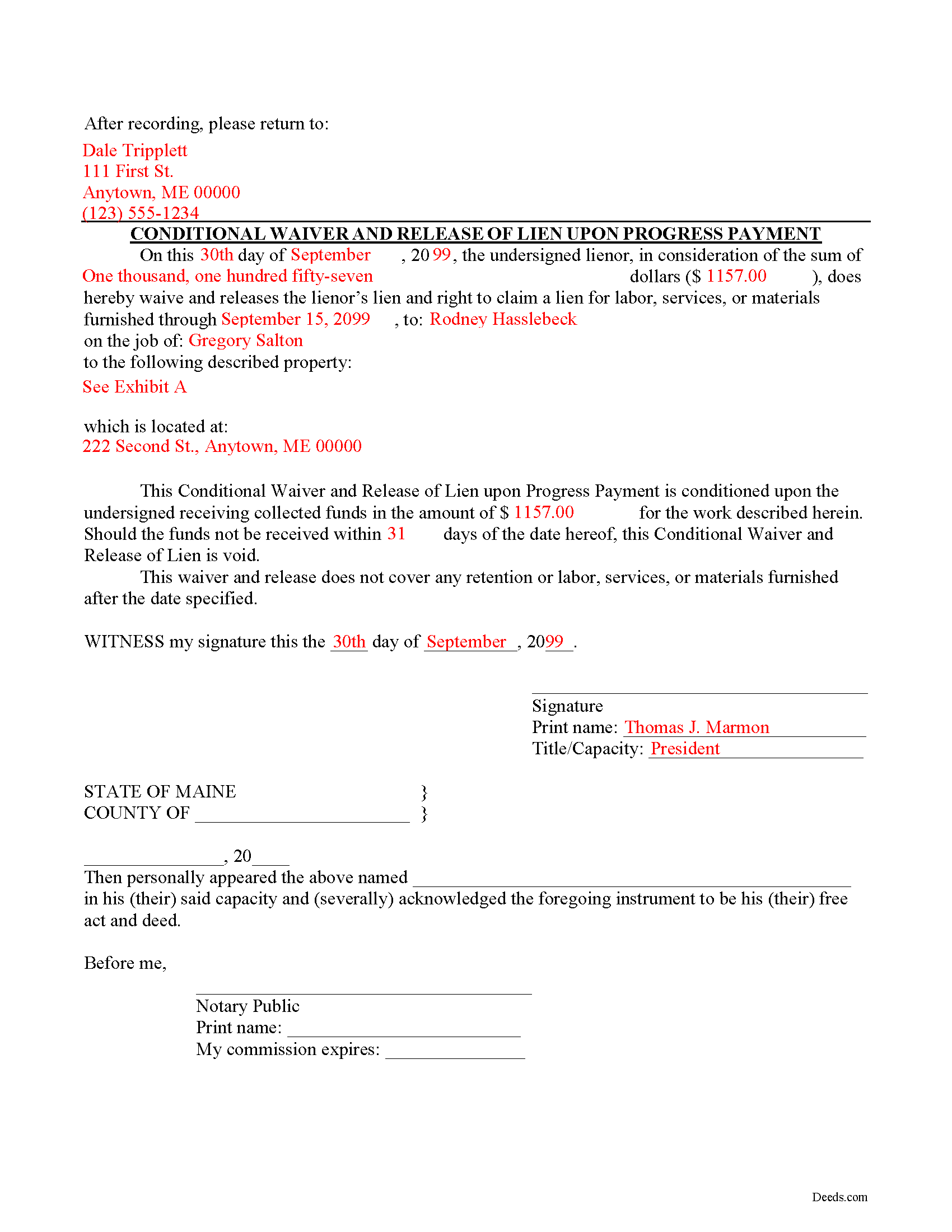 Sagadahoc County Completed Example of the Conditional Lien Waiver on Progess Payment Document