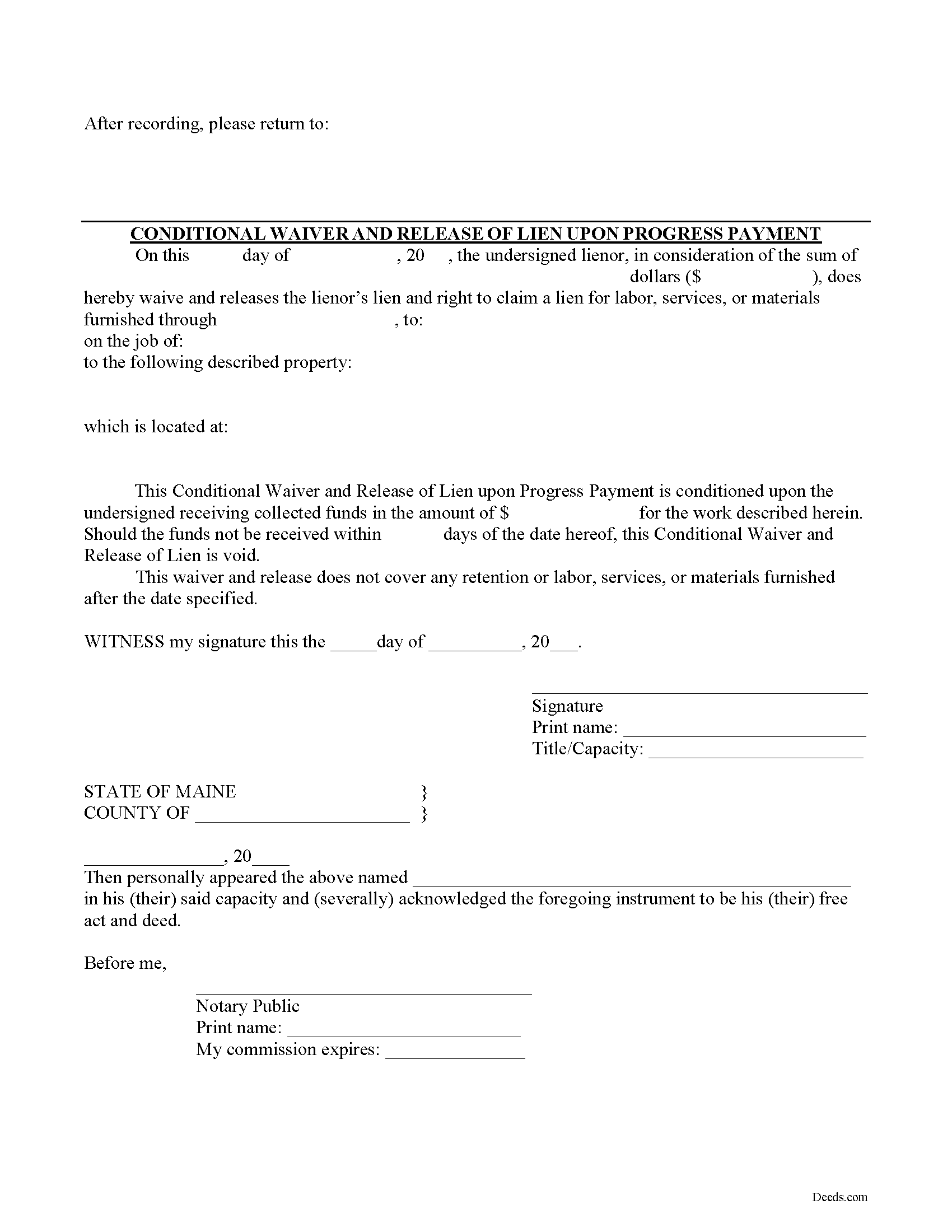Sagadahoc County Conditional Lien Waiver on Progress Payment Form