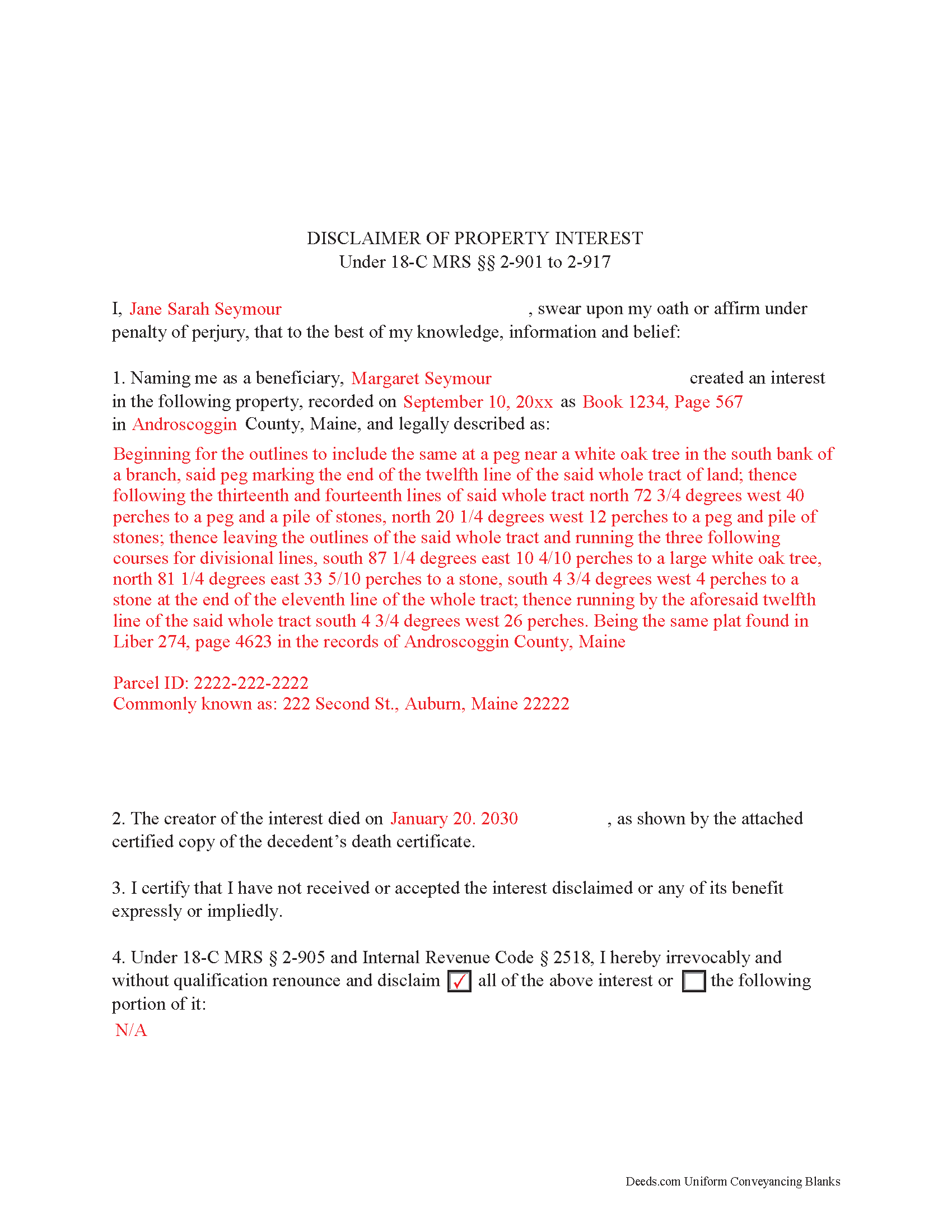 Completed Example of the Disclaimer of Interest Document