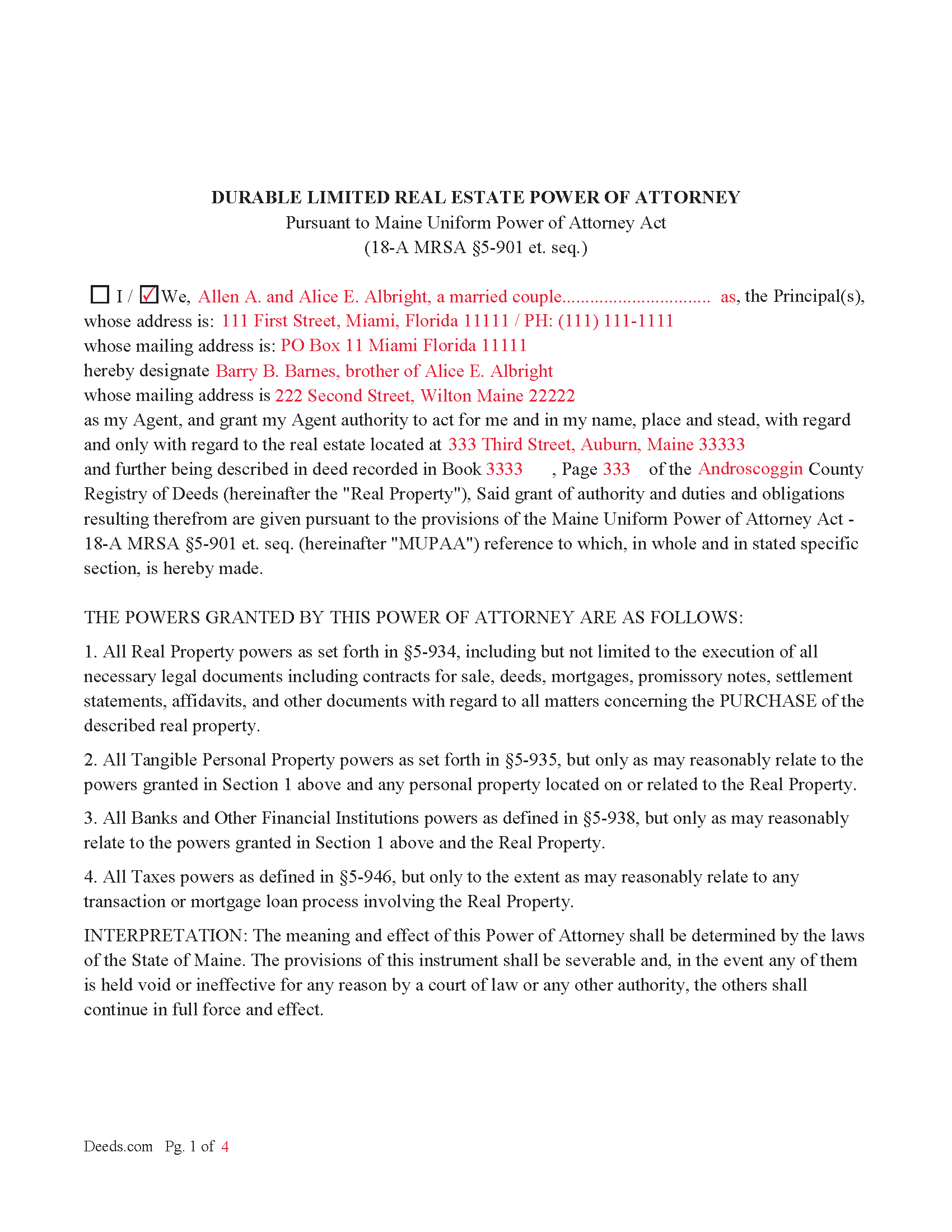 Completed Example of the Durable Limited Real Estate POA Document