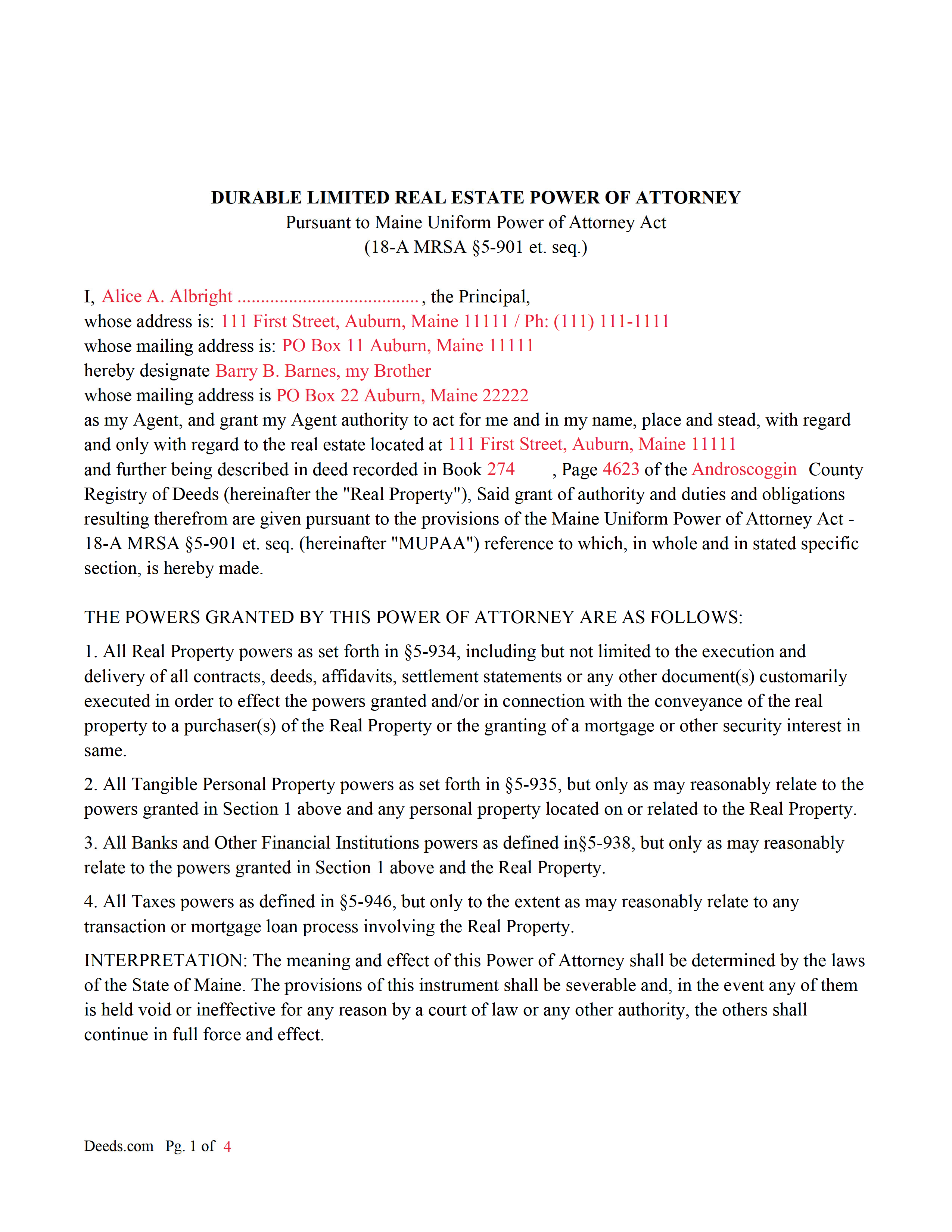 Oxford County Completed Example of the Durable Limited Real Estate POA Document