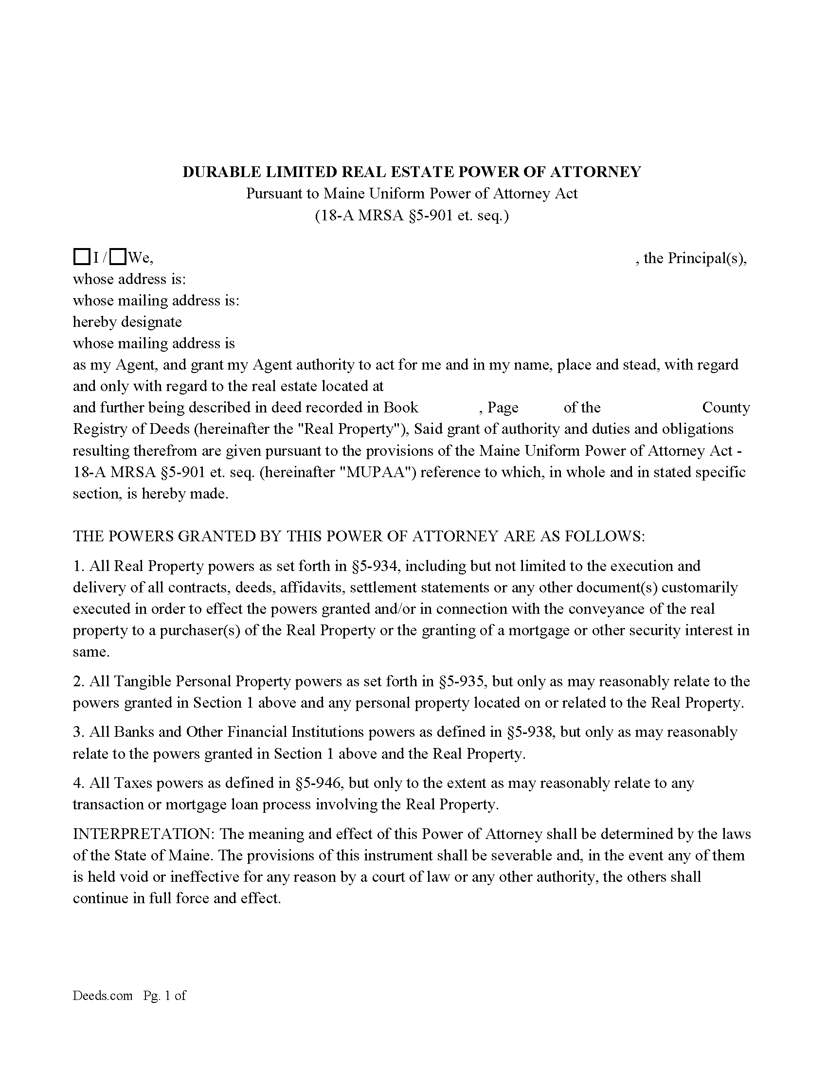 Oxford County Durable Limited Power of Attorney Form (Sale)