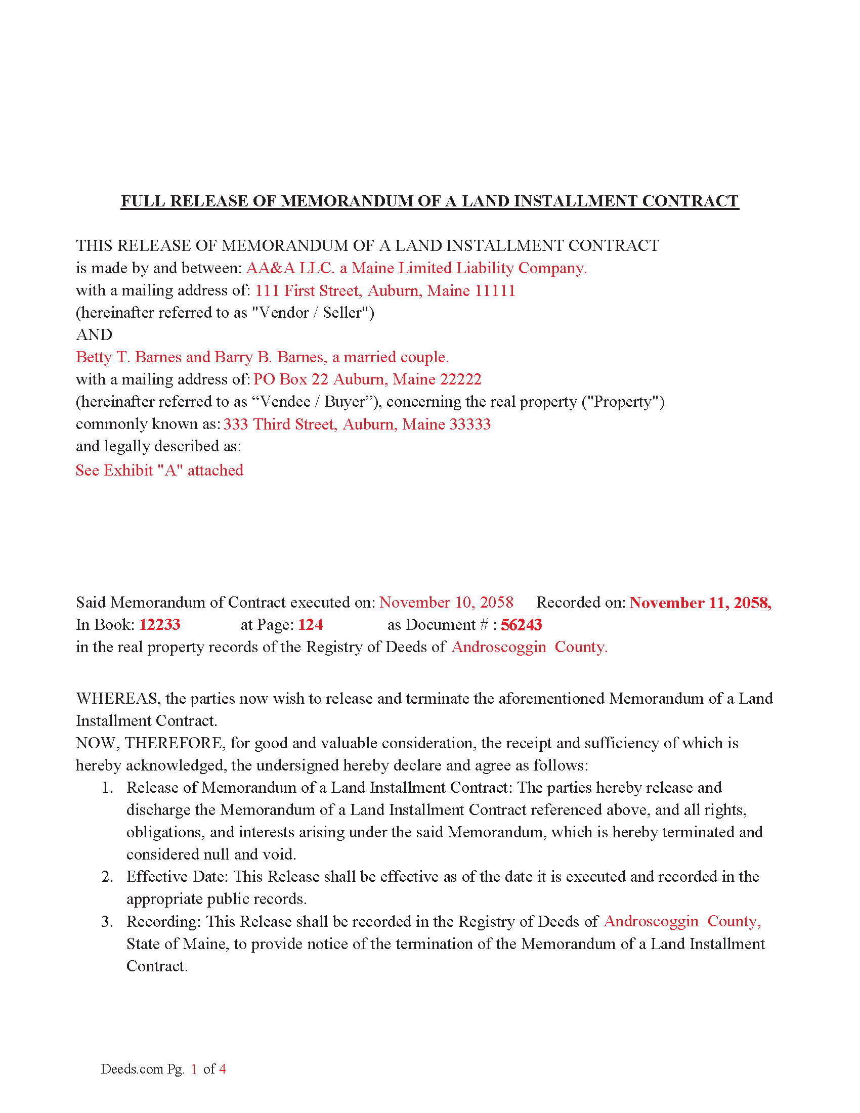 Waldo County Completed Example of the Full Release of Memorandum of a Land Installment Contract Document