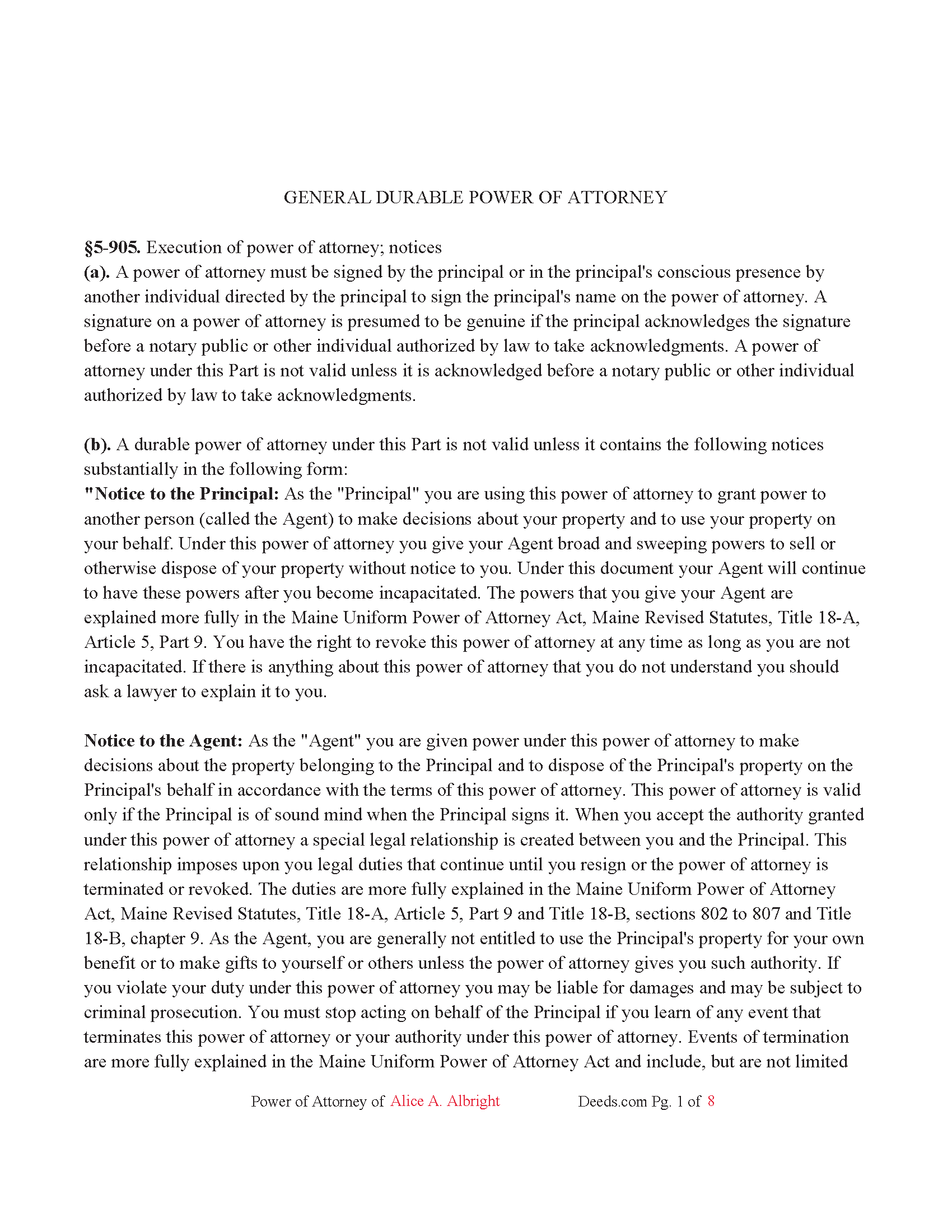 Waldo County Completed Example of the Power of Attorney Document