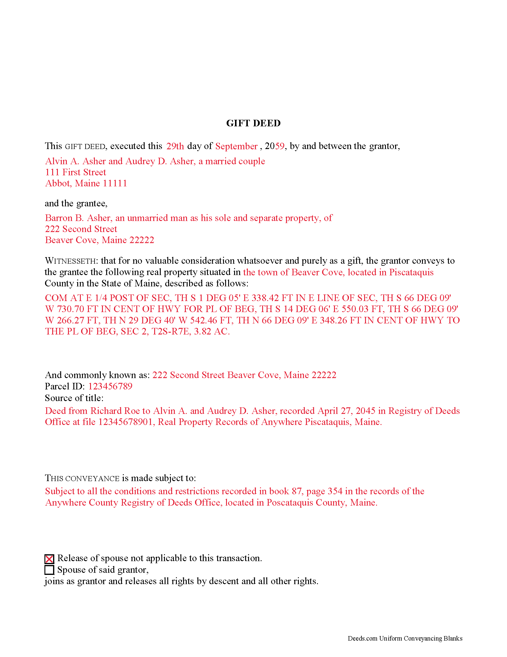 Penobscot County Completed Example of the Gift Deed Document