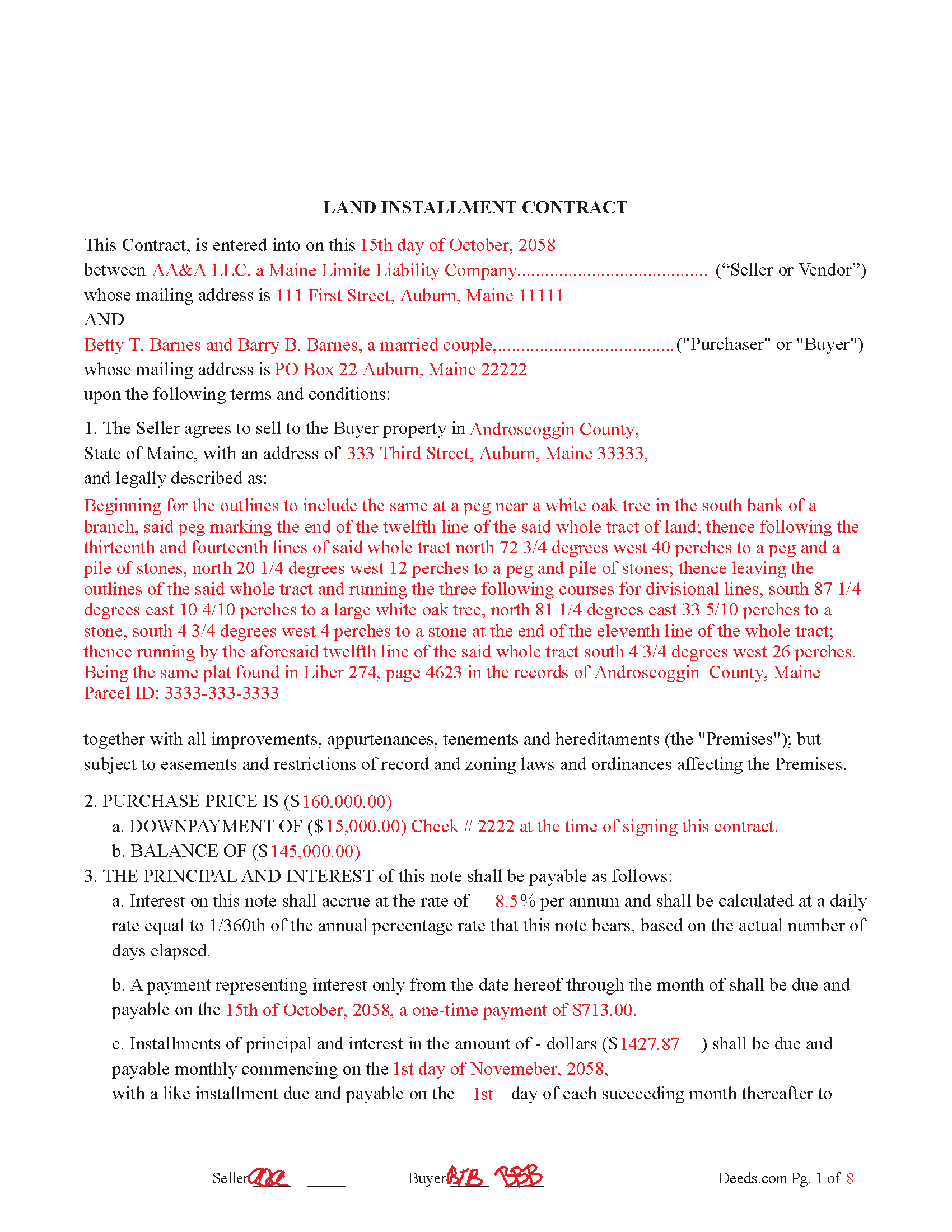 Waldo County Completed Example of the Land Installment Contract Document