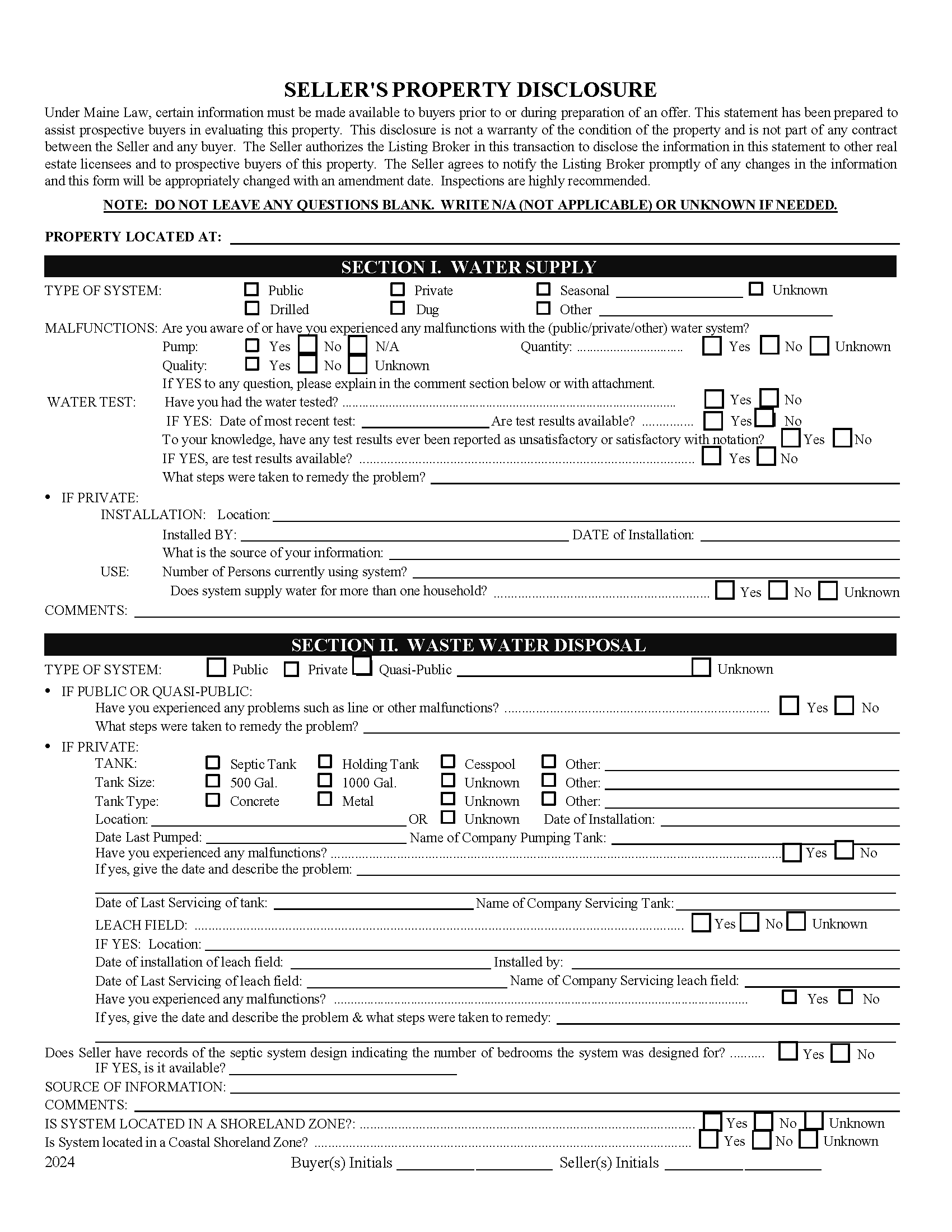 Waldo County Sellers Property Disclosure Form