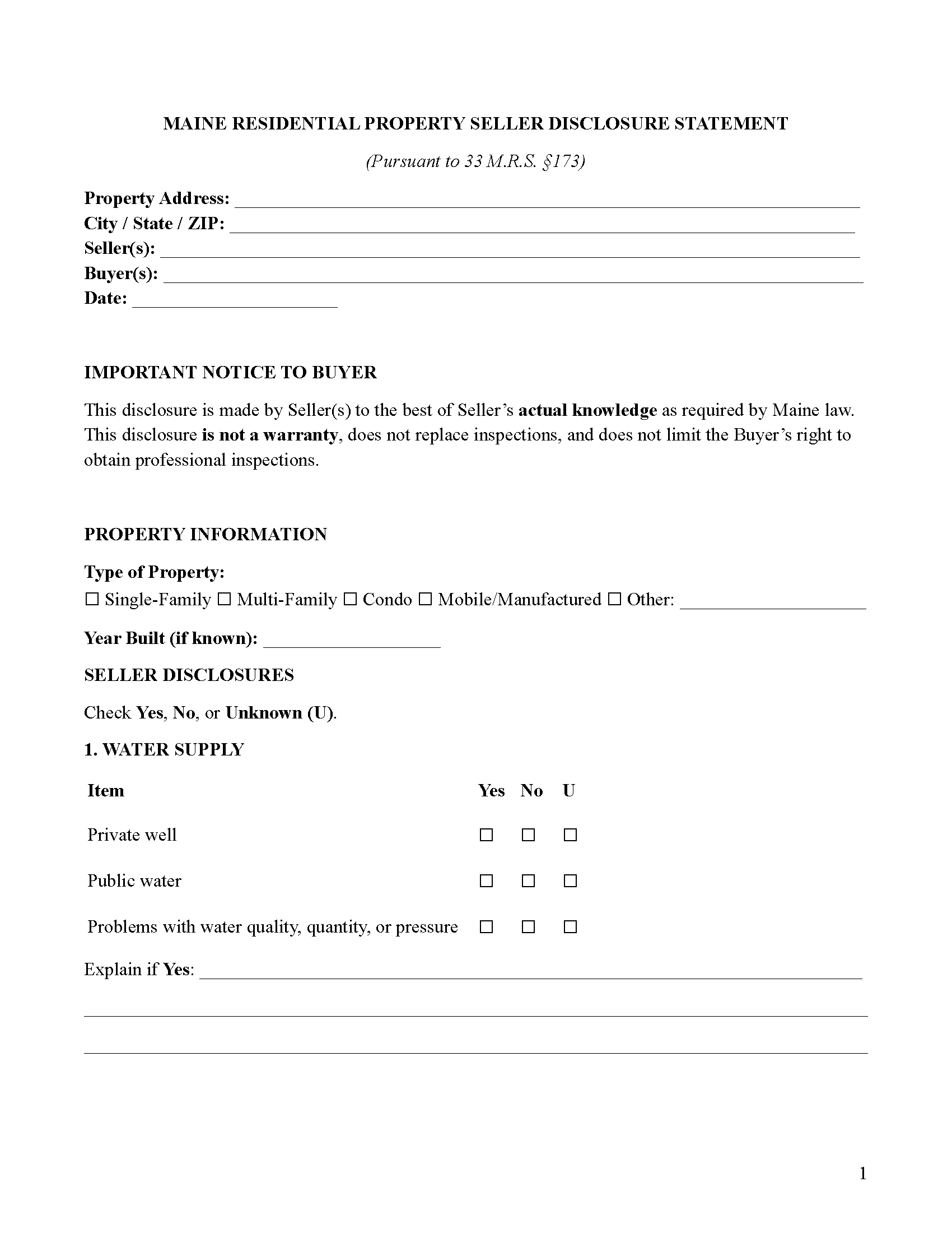 Hancock County Sellers Residential Property Disclosure Form