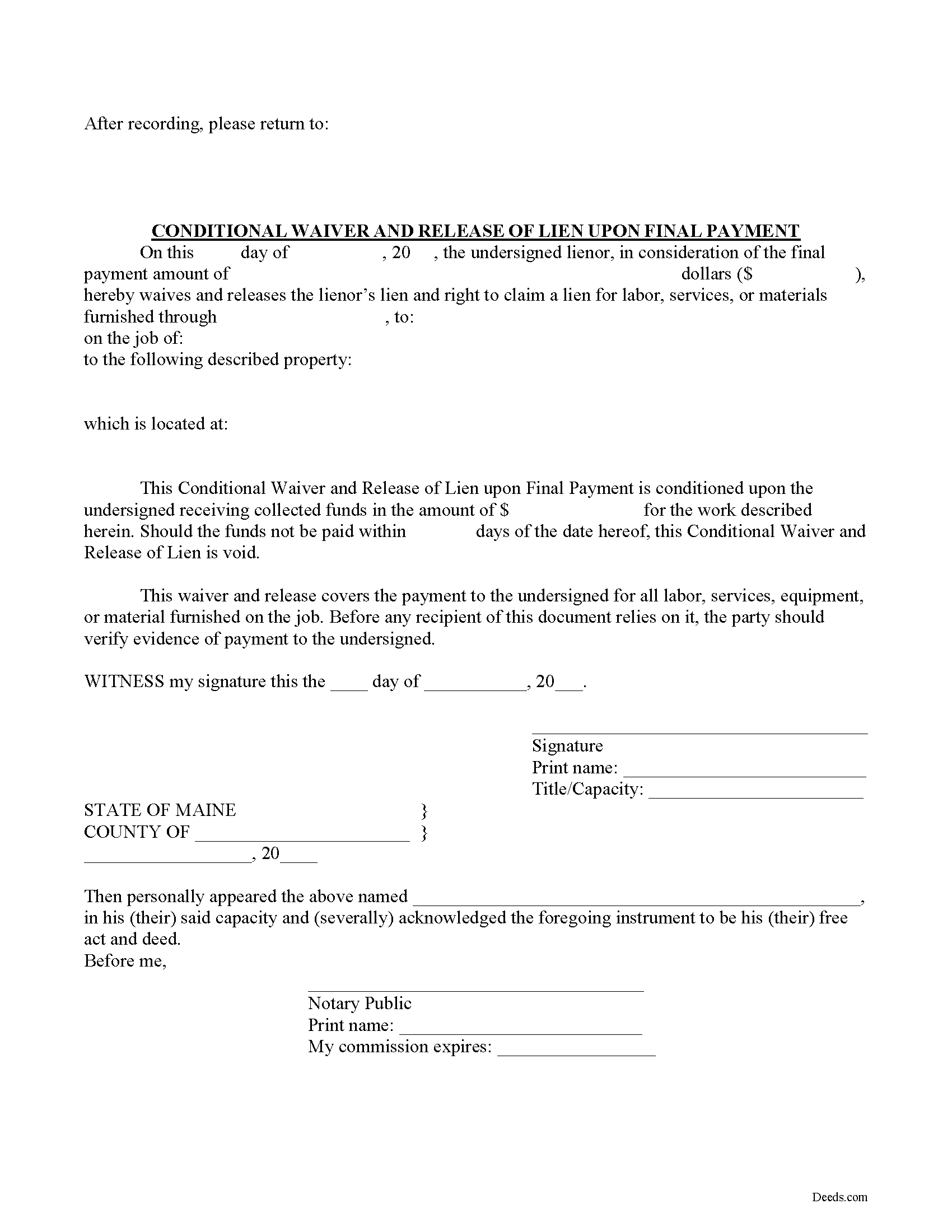 Maine Conditional Lien Waiver on Final Payment Image