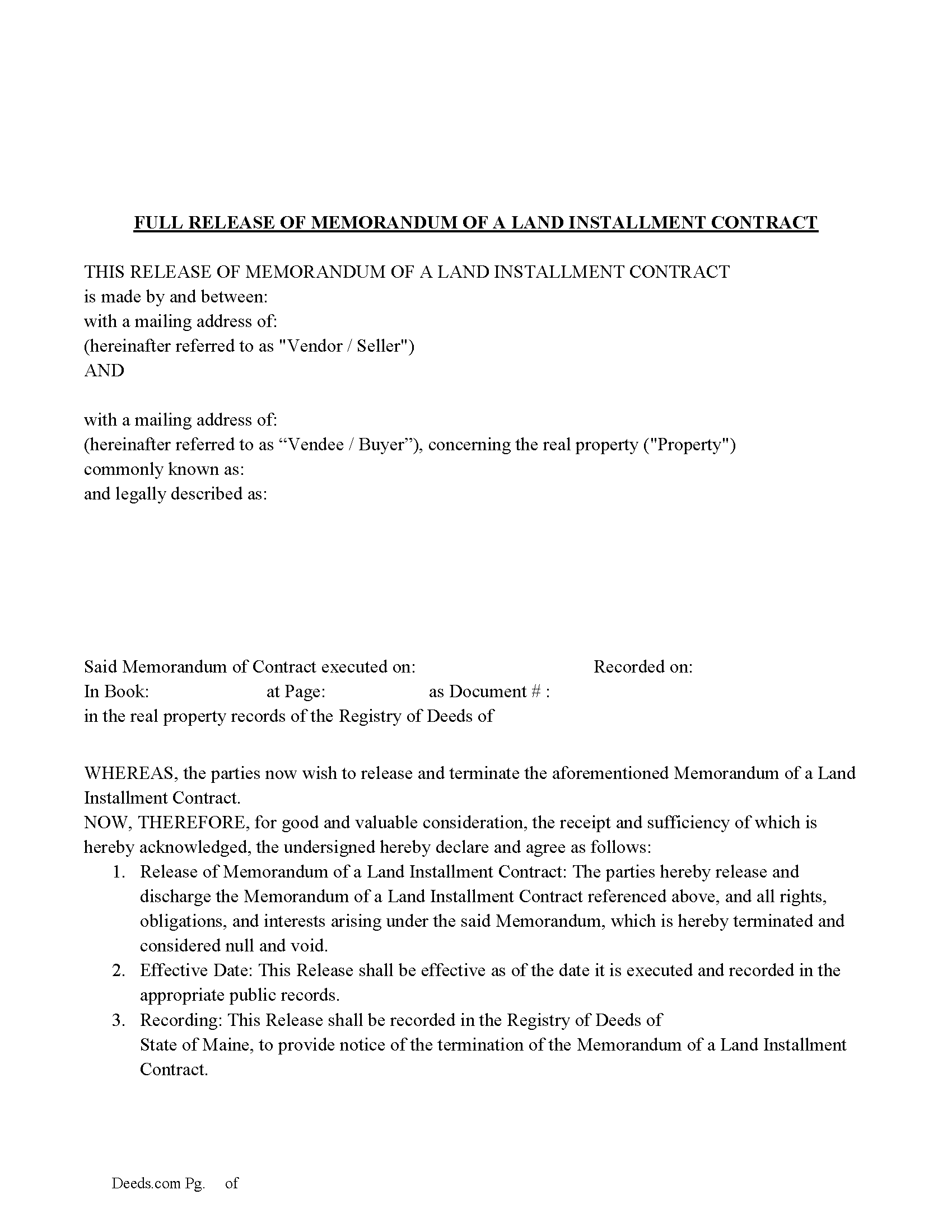 Maine Full Release of Memorandum of a Land Installment Contract Image