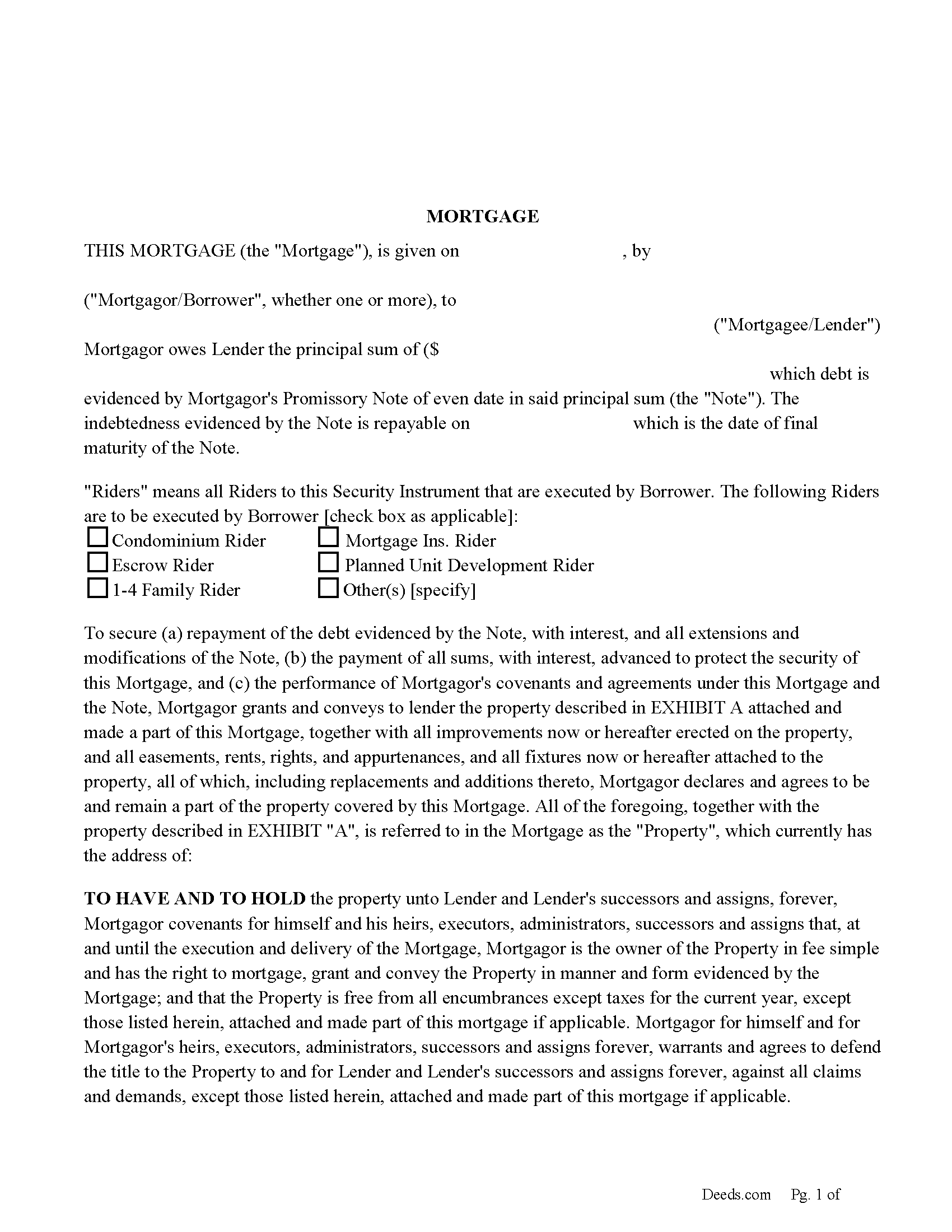 Mortgage Instrument and Promissory Note