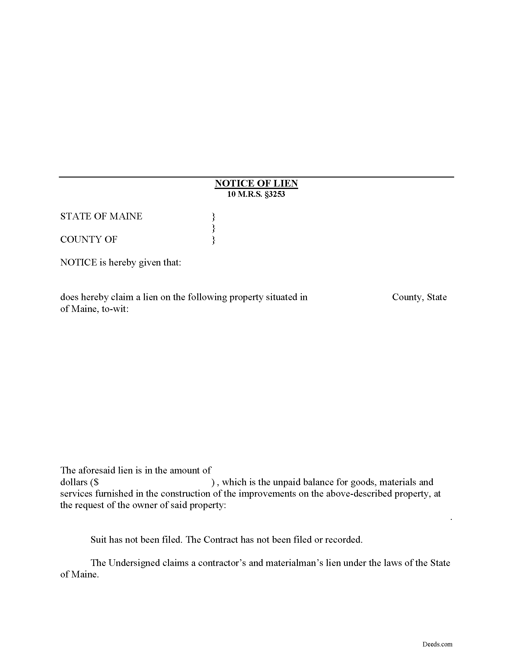 Maine Notice of Mechanic Lien Image