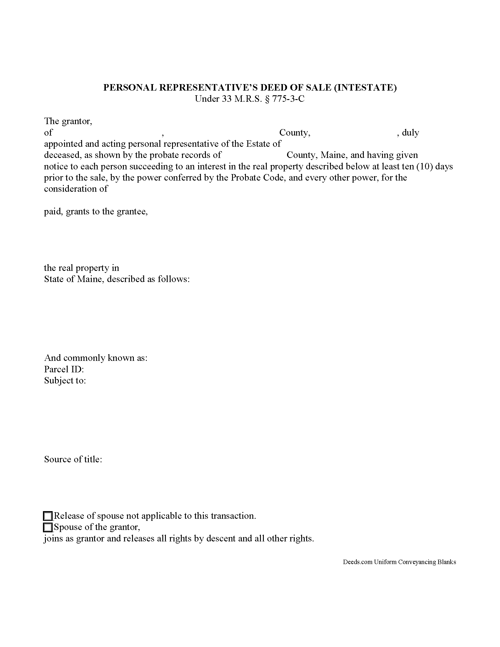 Maine Personal Representative Deed of Sale Intestate Image