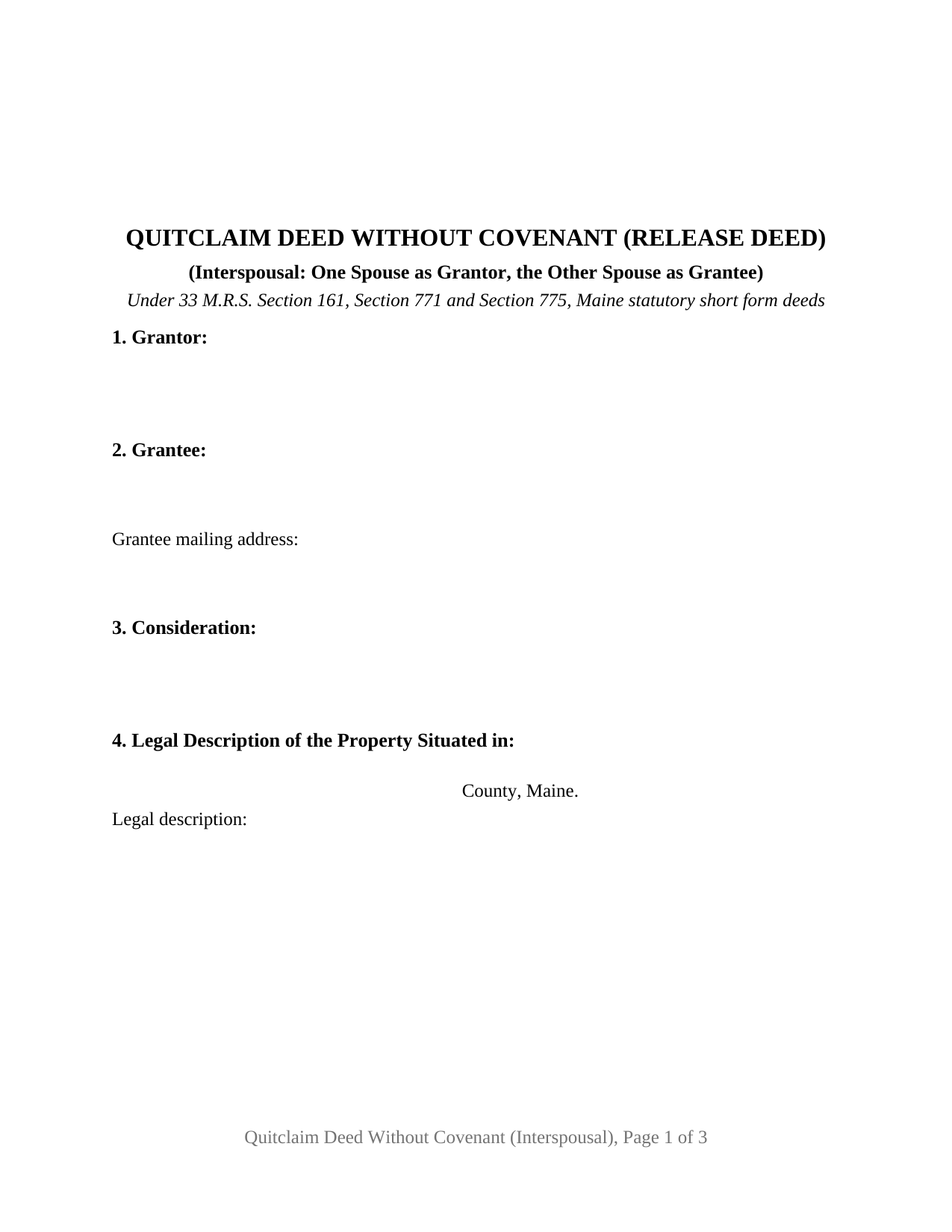 Maine Quitclaim Deed (Interspousal)